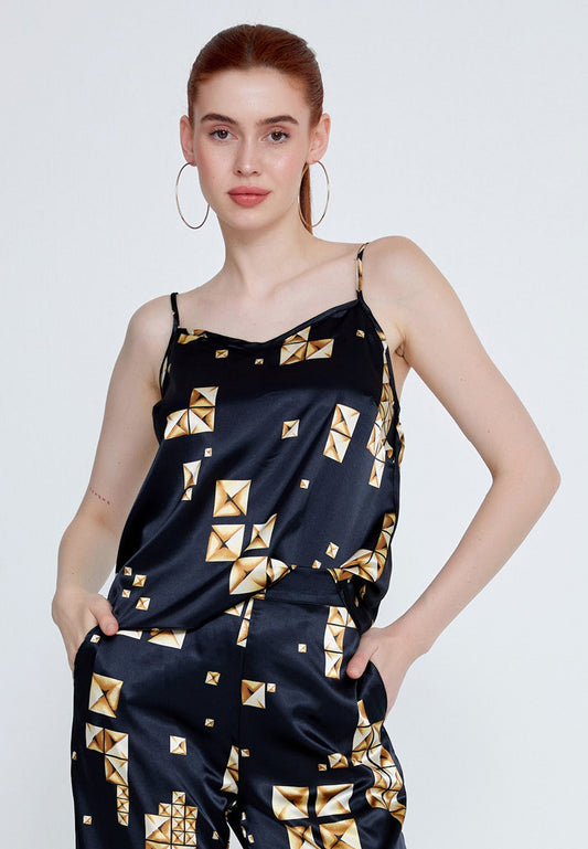 Sleeveless Patterned Regular Blouse Black-Gold - Unit Price: 10$