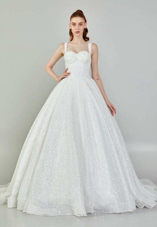 Sleeveless Maxi Tulle Regular Wedding Dress Ecru - Unit Price: 989$