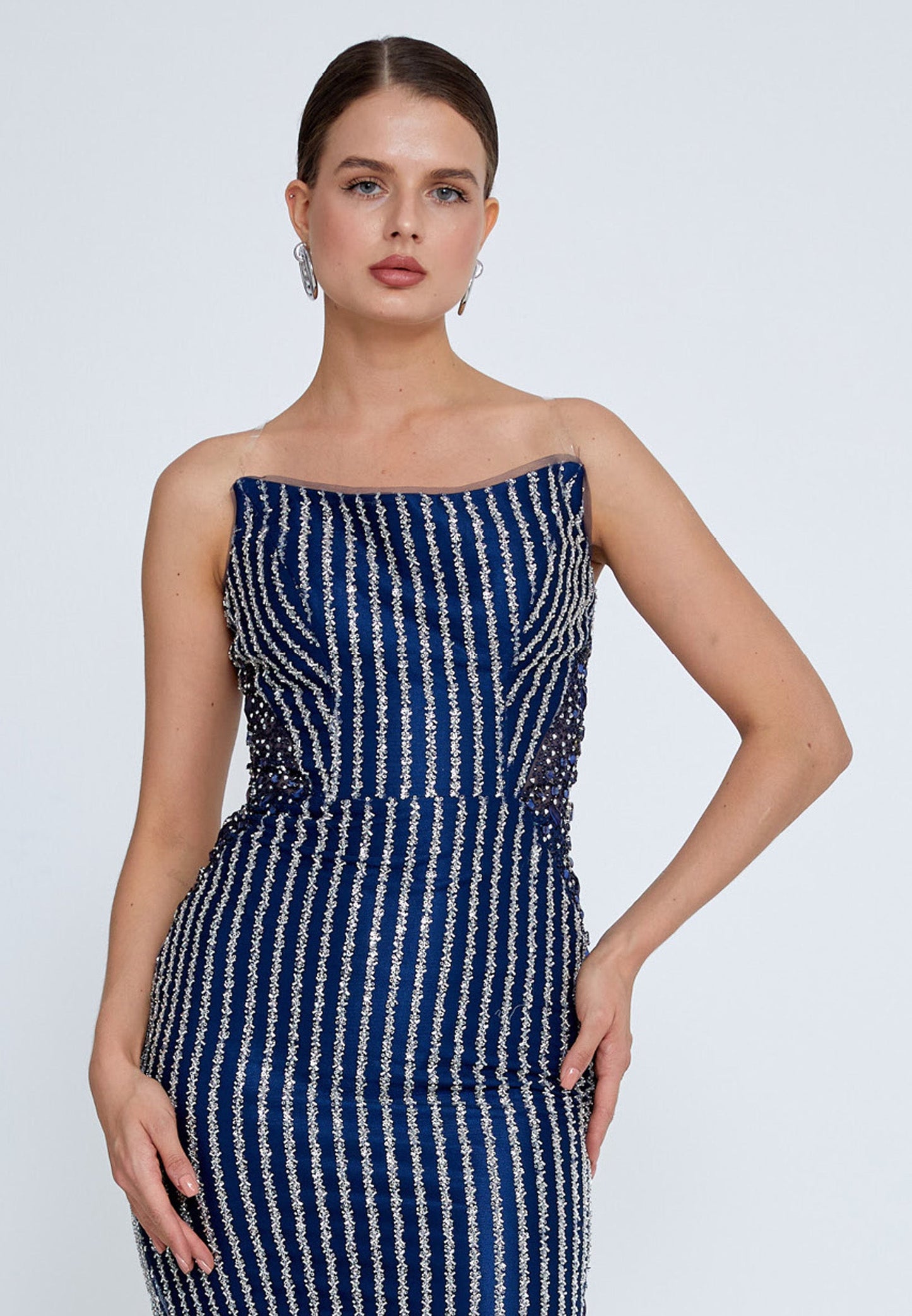 Strapless Maxi Sequin Mermaid Regular Wedding Guest Dress Navy - Unit Price: 85$