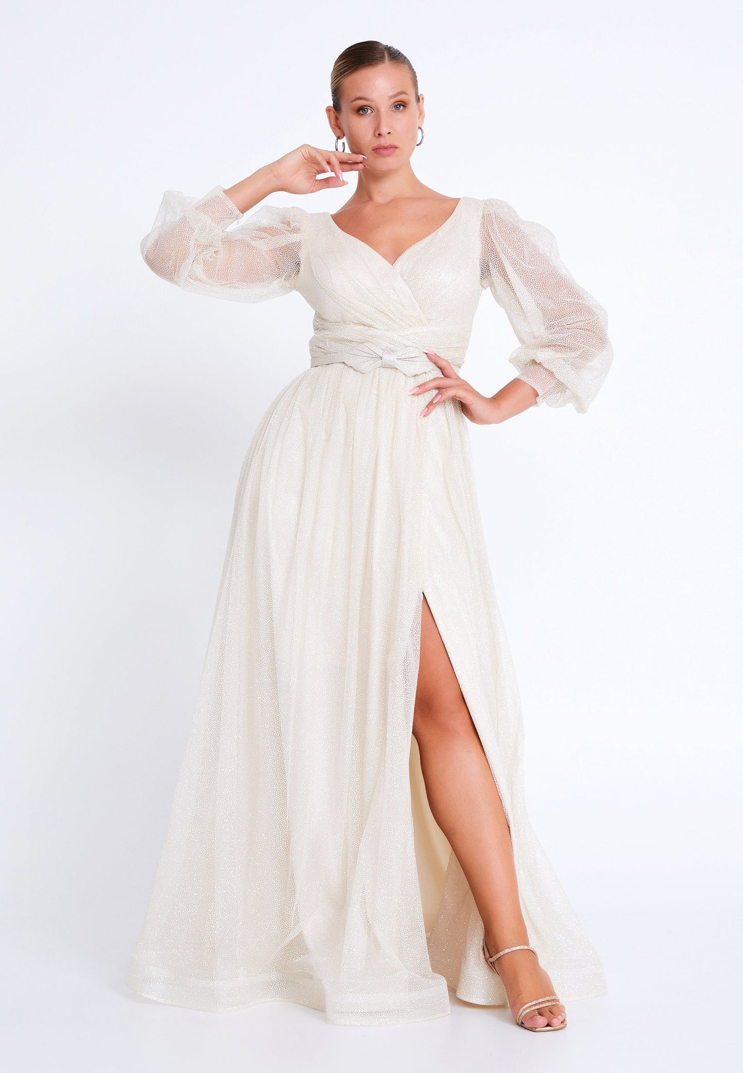 Long Sleeve Maxi Tulle A - Line Plus Size Wedding Guest Dress Beige - Unit Price: 187$