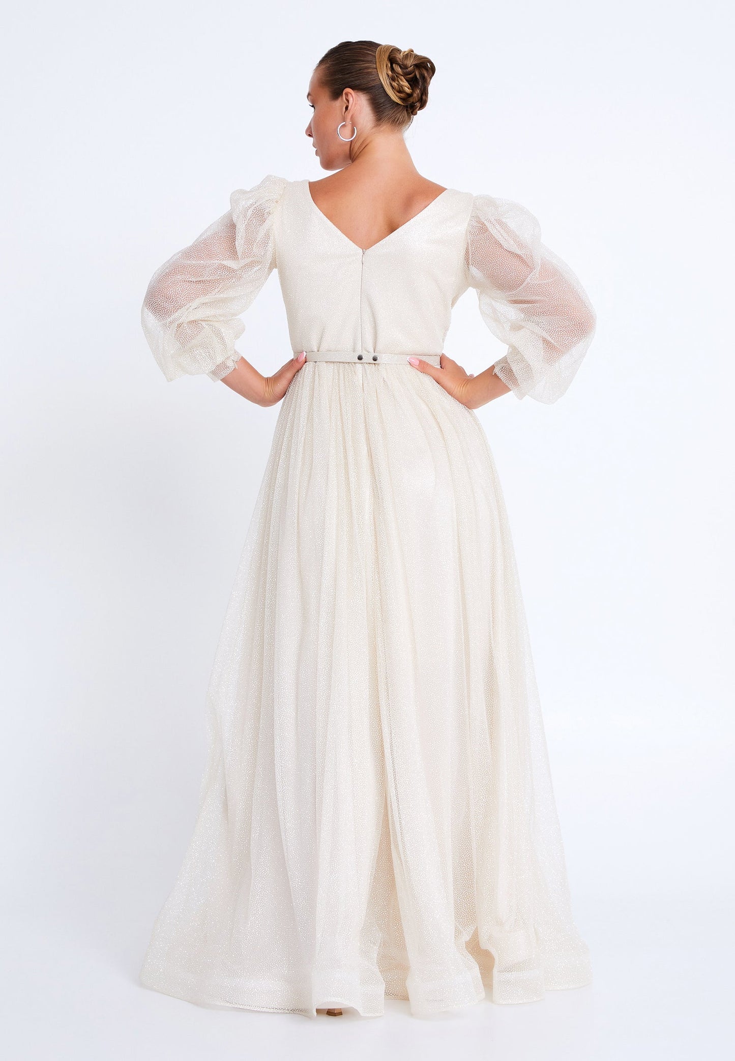 Long Sleeve Maxi Tulle A - Line Plus Size Wedding Guest Dress Beige - Unit Price: 187$