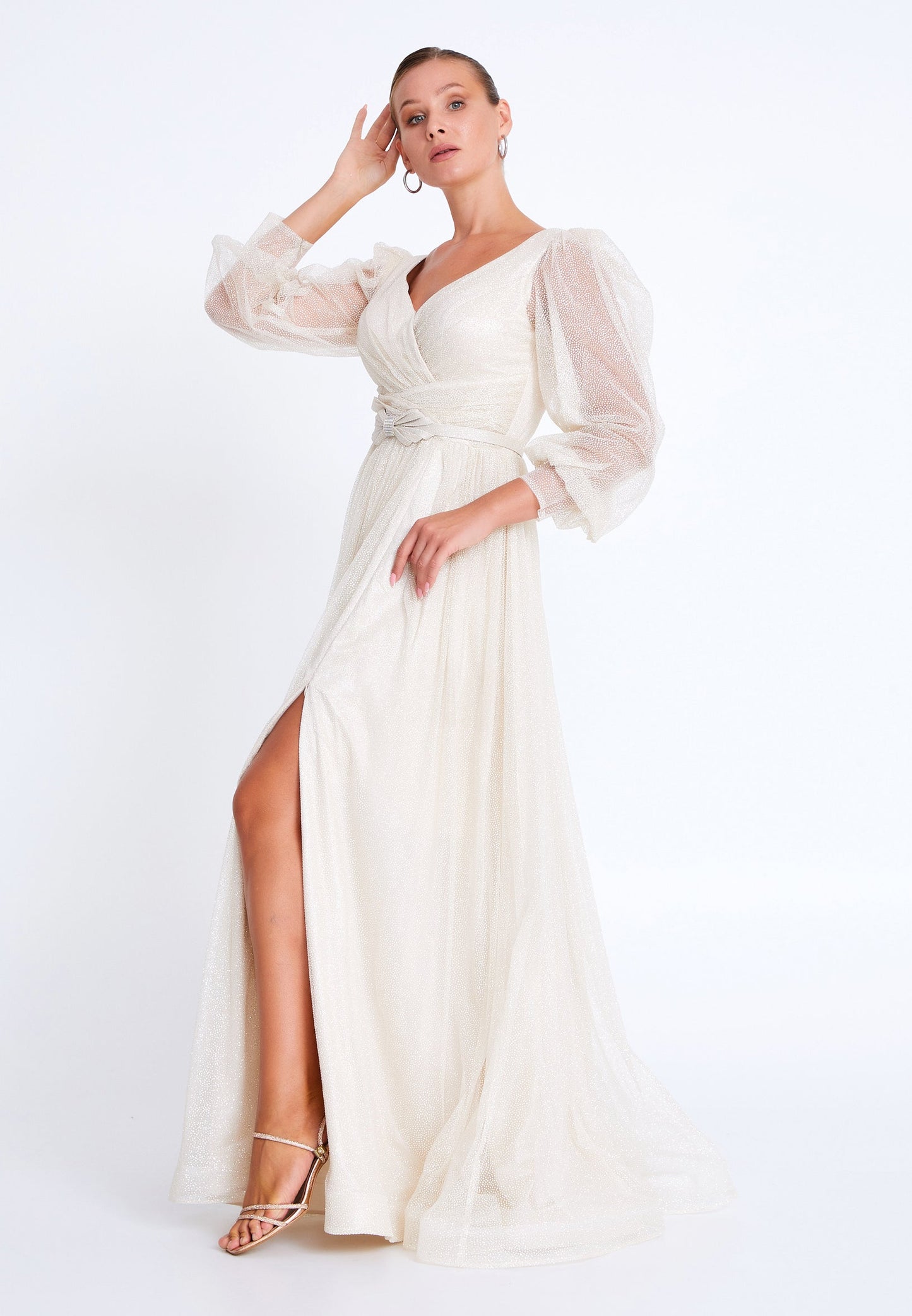 Long Sleeve Maxi Tulle A - Line Plus Size Wedding Guest Dress Beige - Unit Price: 187$