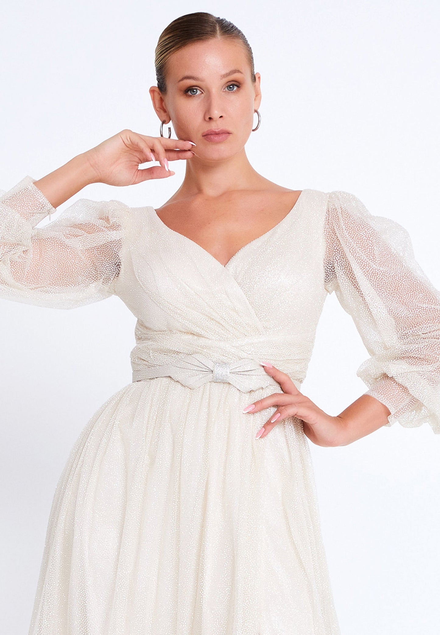 Long Sleeve Maxi Tulle A - Line Plus Size Wedding Guest Dress Beige - Unit Price: 187$