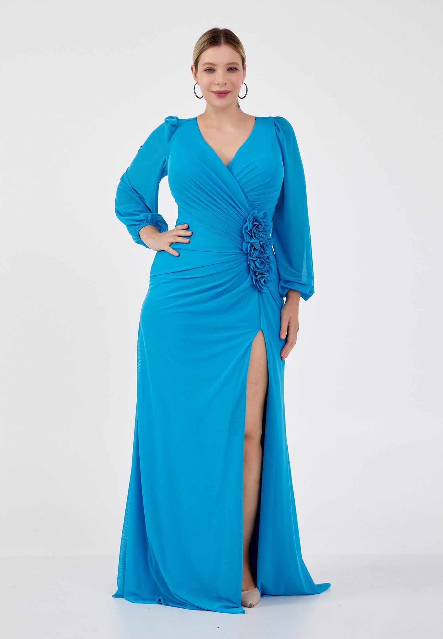 Long Sleeve Maxi Lycra Mermaid Plus Size Wedding Guest Dress Blue - Unit Price: 92$