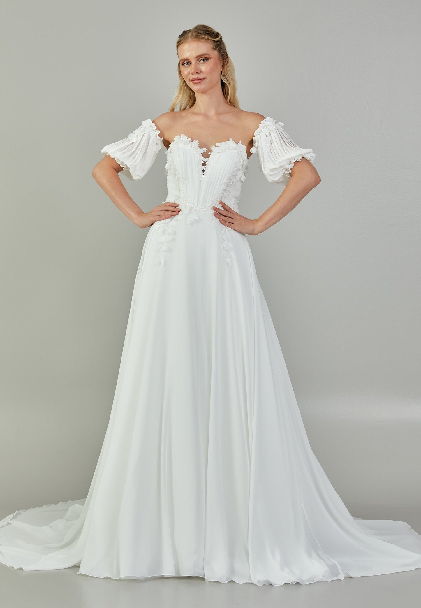 Off Shoulder Maxi Chiffon Regular Wedding Dress Ecru - Unit Price: 385$