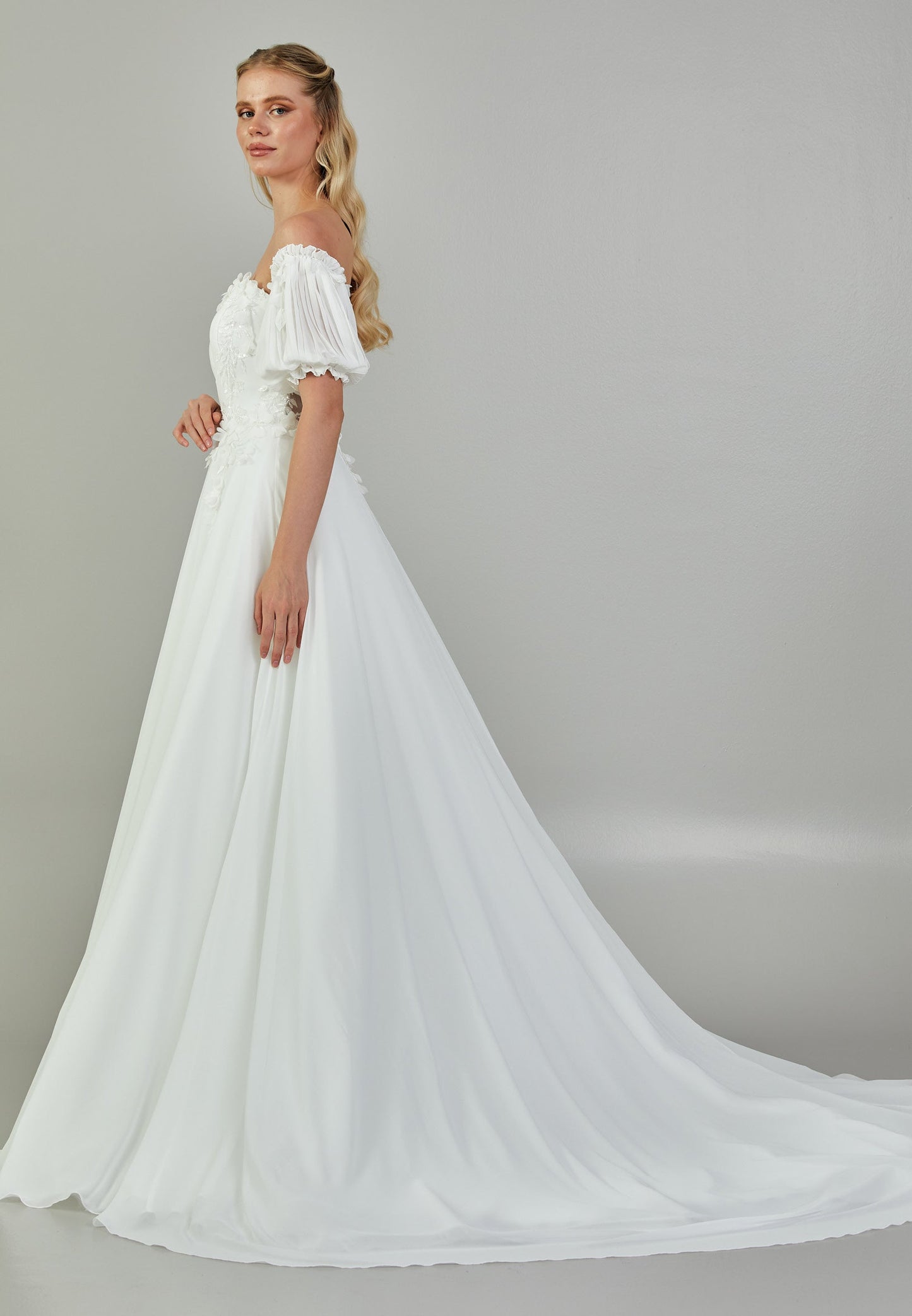 Off Shoulder Maxi Chiffon Regular Wedding Dress Ecru - Unit Price: 385$