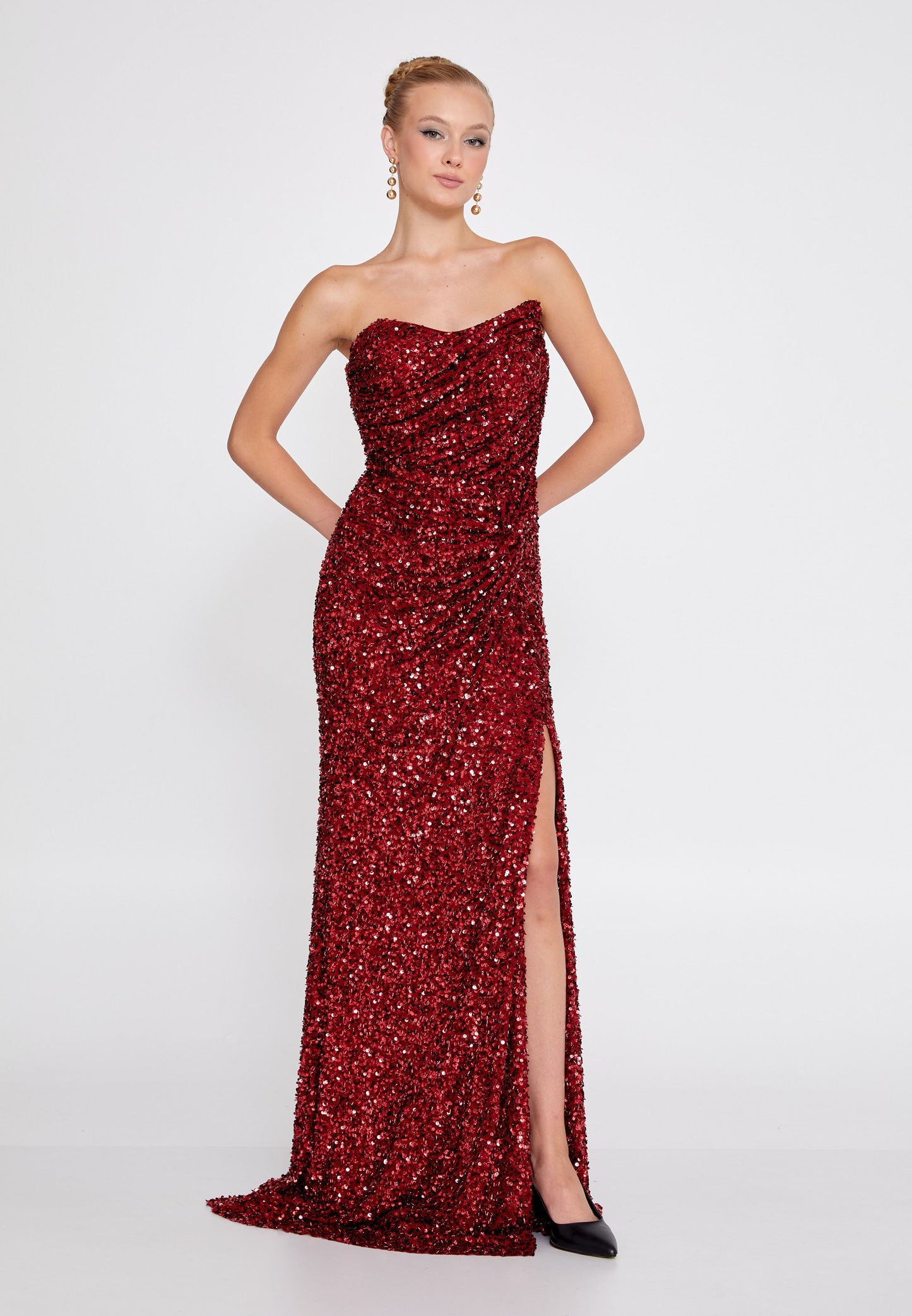 Strapless Maxi Sequin Mermaid Regular Wedding Guest Dress Burgundy - Unit Price: 120$