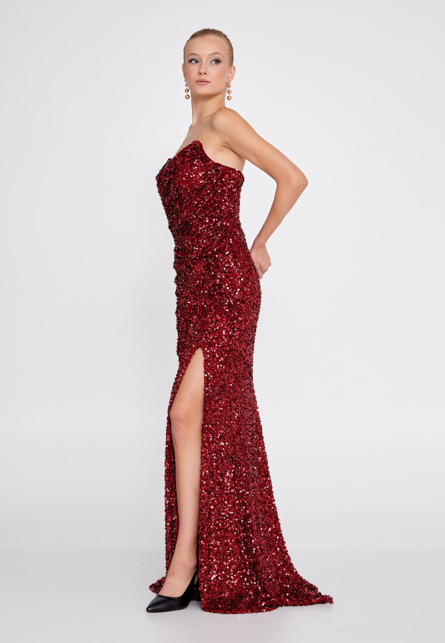 Strapless Maxi Sequin Mermaid Regular Wedding Guest Dress Burgundy - Unit Price: 120$