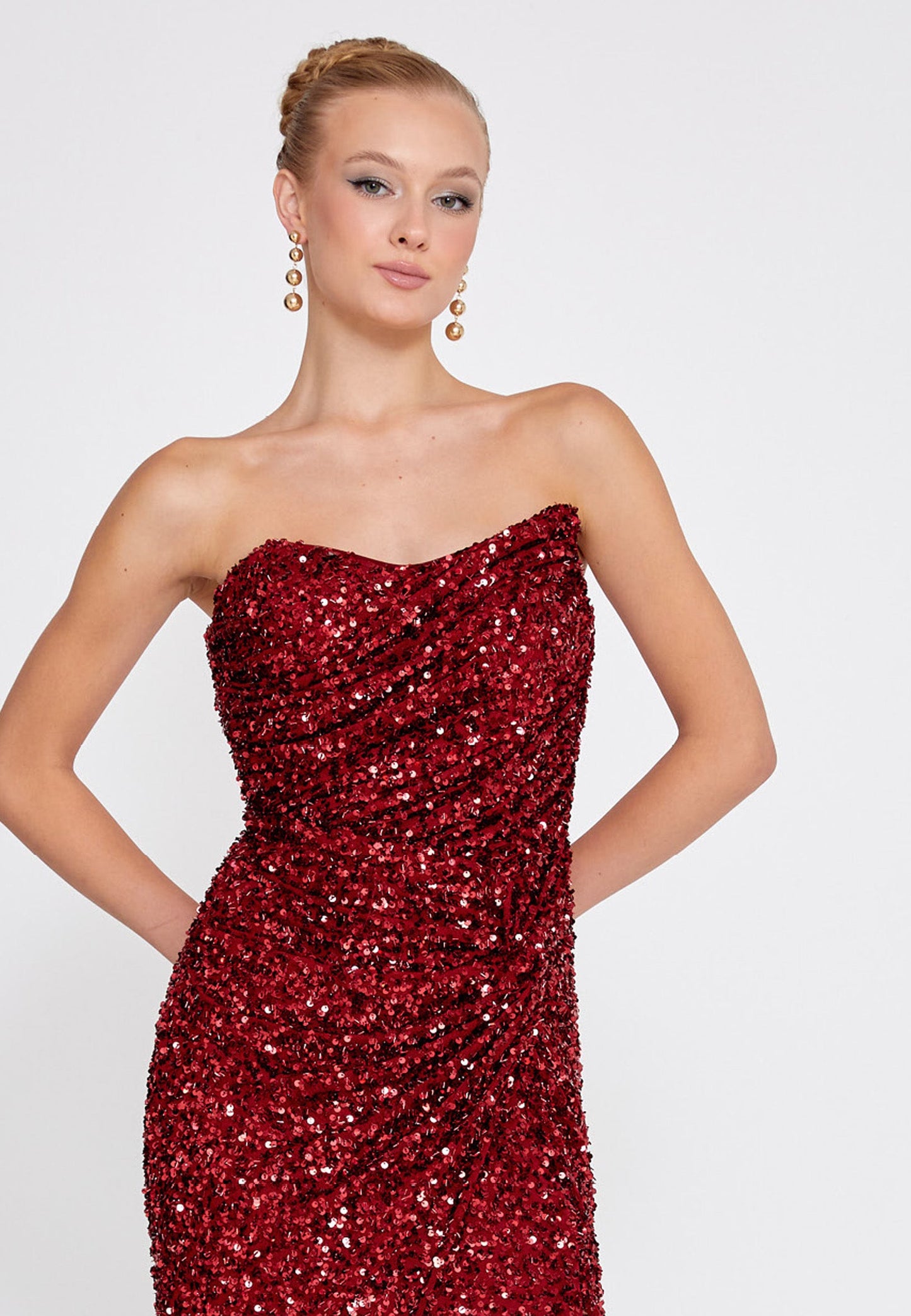 Strapless Maxi Sequin Mermaid Regular Wedding Guest Dress Burgundy - Unit Price: 120$