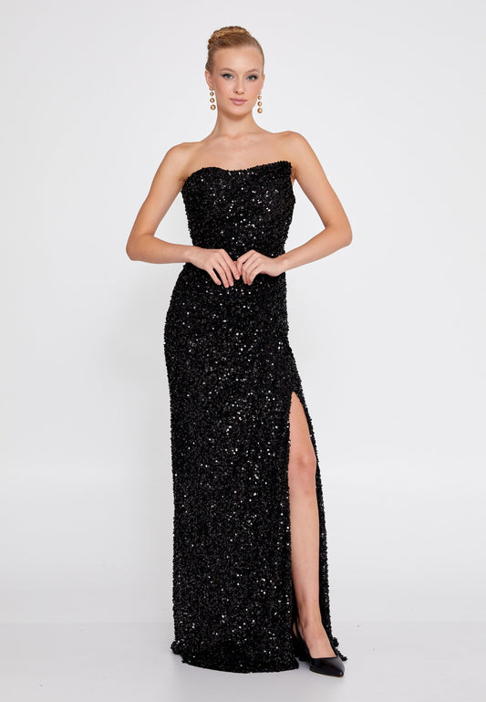 Strapless Maxi Sequin Mermaid Regular Wedding Guest Dress Black - Unit Price: 120$