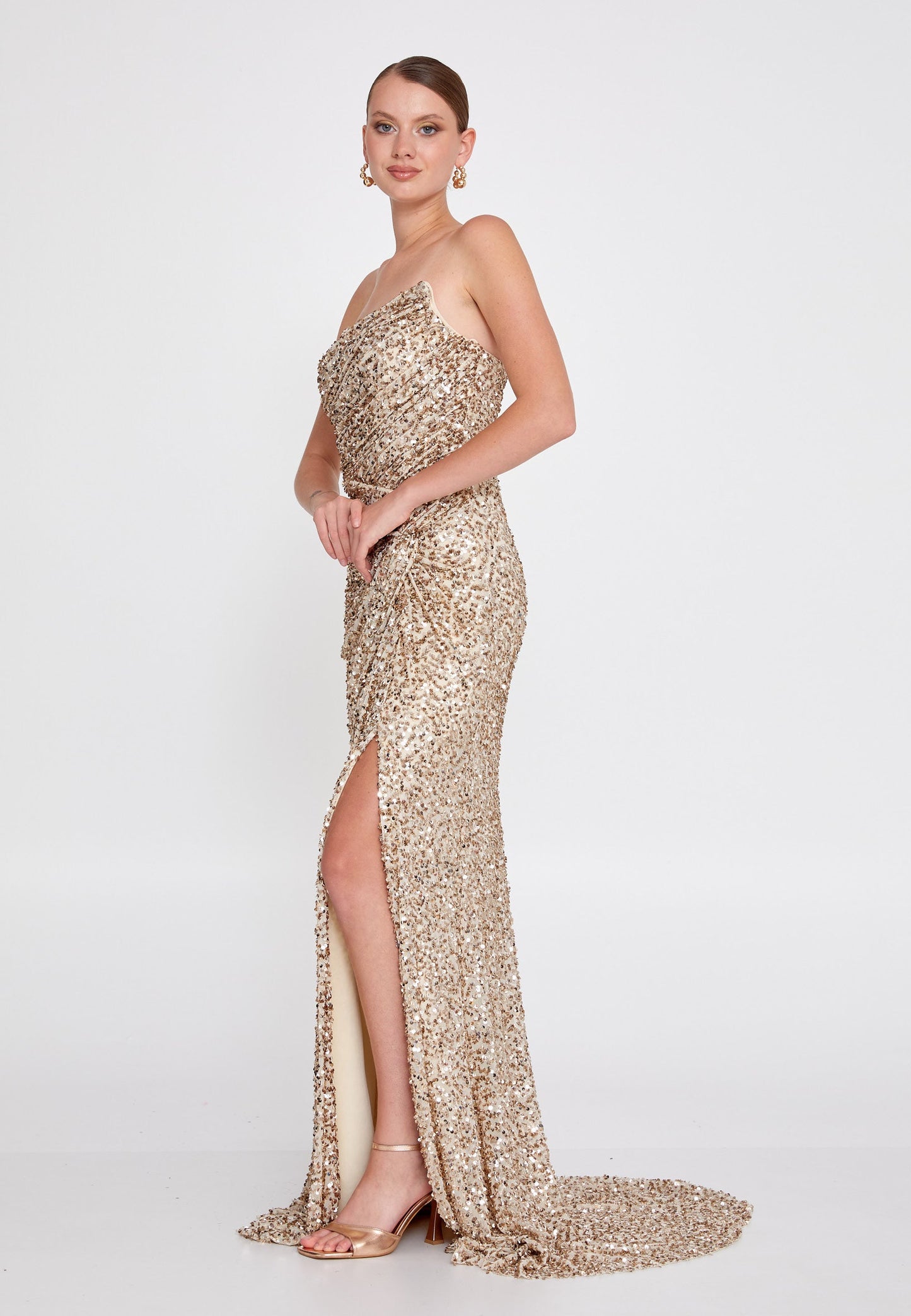 Strapless Maxi Sequin Mermaid Regular Wedding Guest Dress Beige - Unit Price: 120$