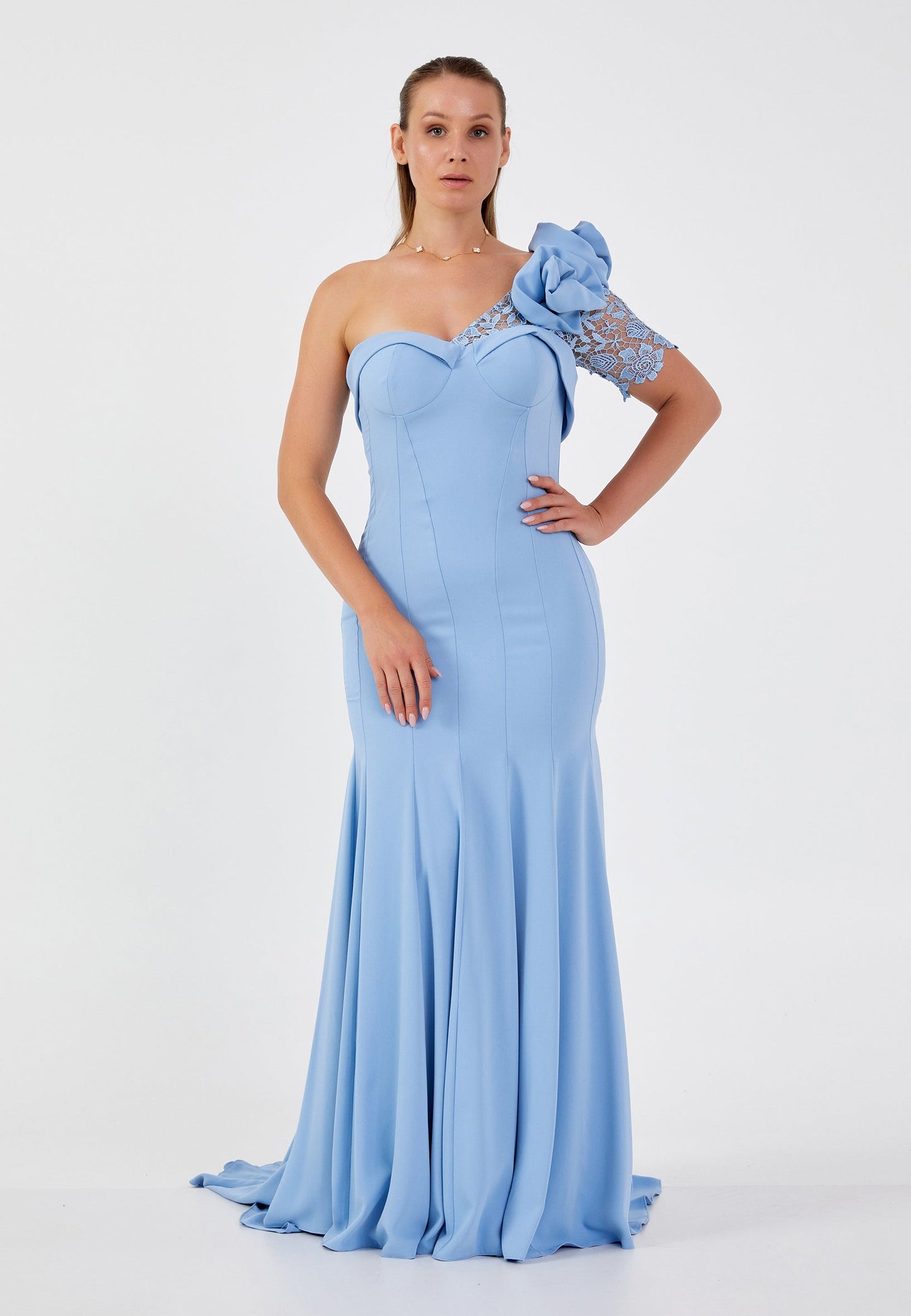 One Shoulder Maxi Tulle Mermaid Plus Size Wedding Guest Dress Blue - Unit Price: 113$