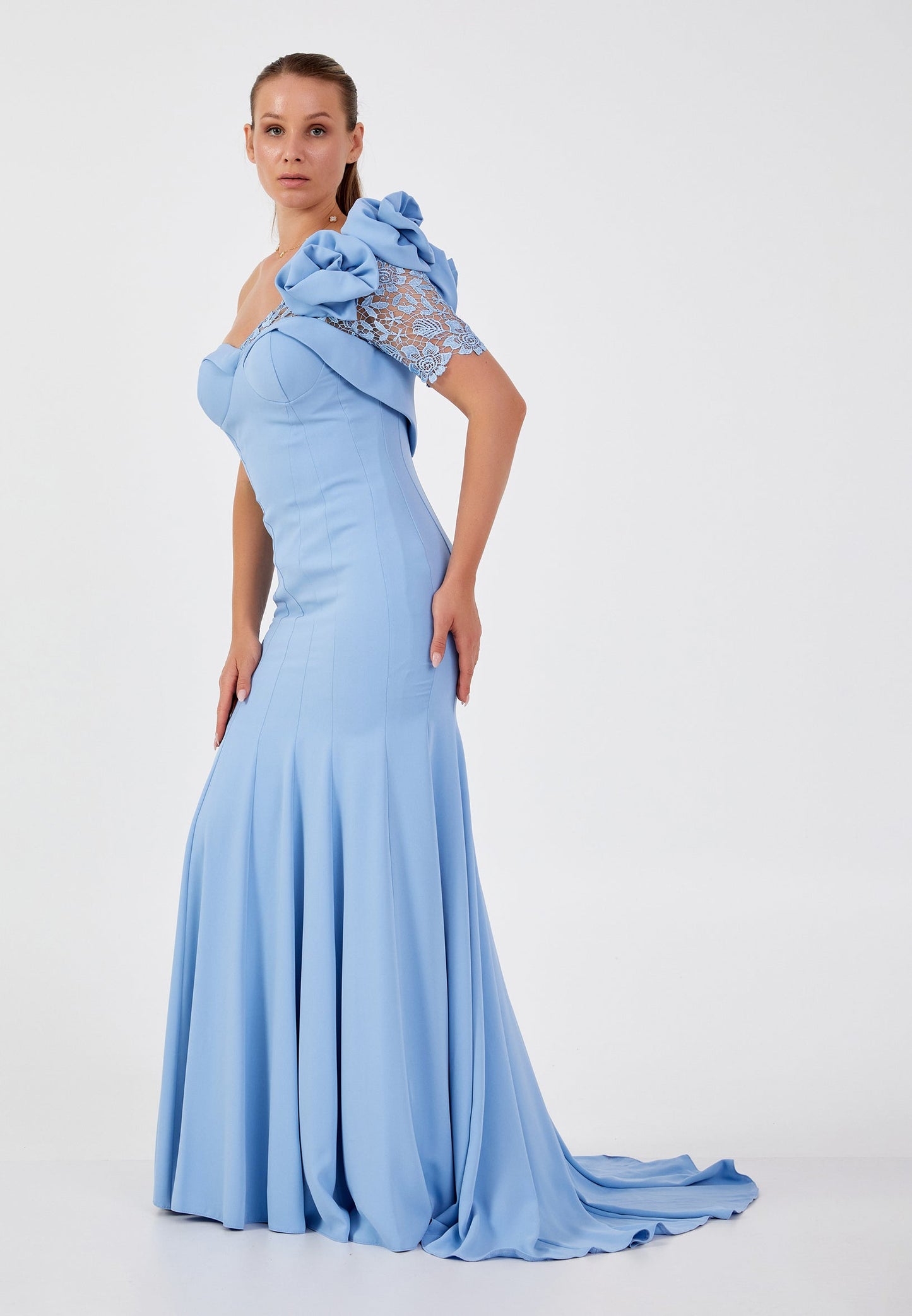 One Shoulder Maxi Tulle Mermaid Plus Size Wedding Guest Dress Blue - Unit Price: 113$