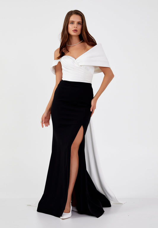 Off Shoulder Maxi Viscose Mermaid Regular Wedding Guest Dress Black-White - Unit Price: 190$