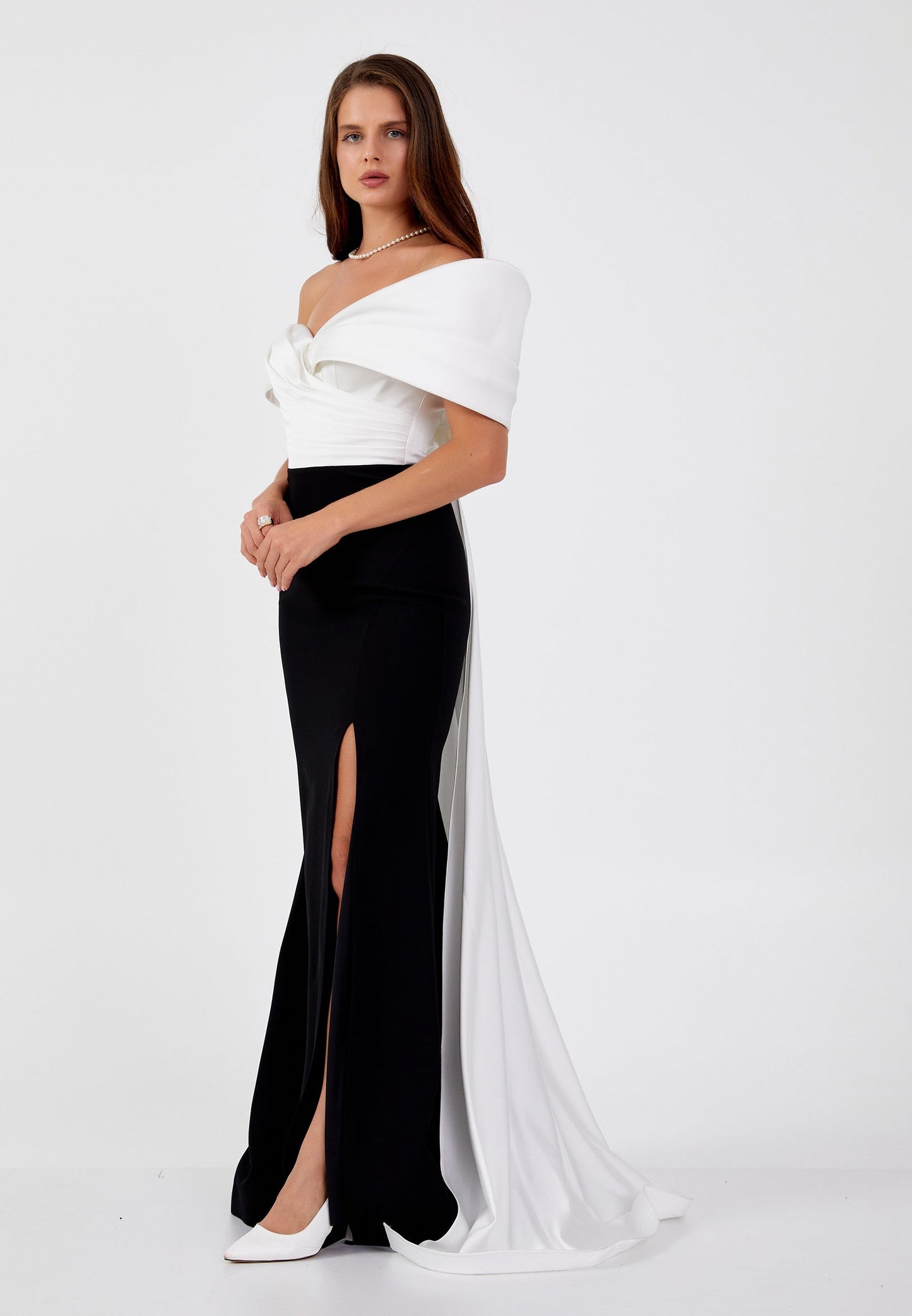 Off Shoulder Maxi Viscose Mermaid Regular Wedding Guest Dress Black-White - Unit Price: 190$