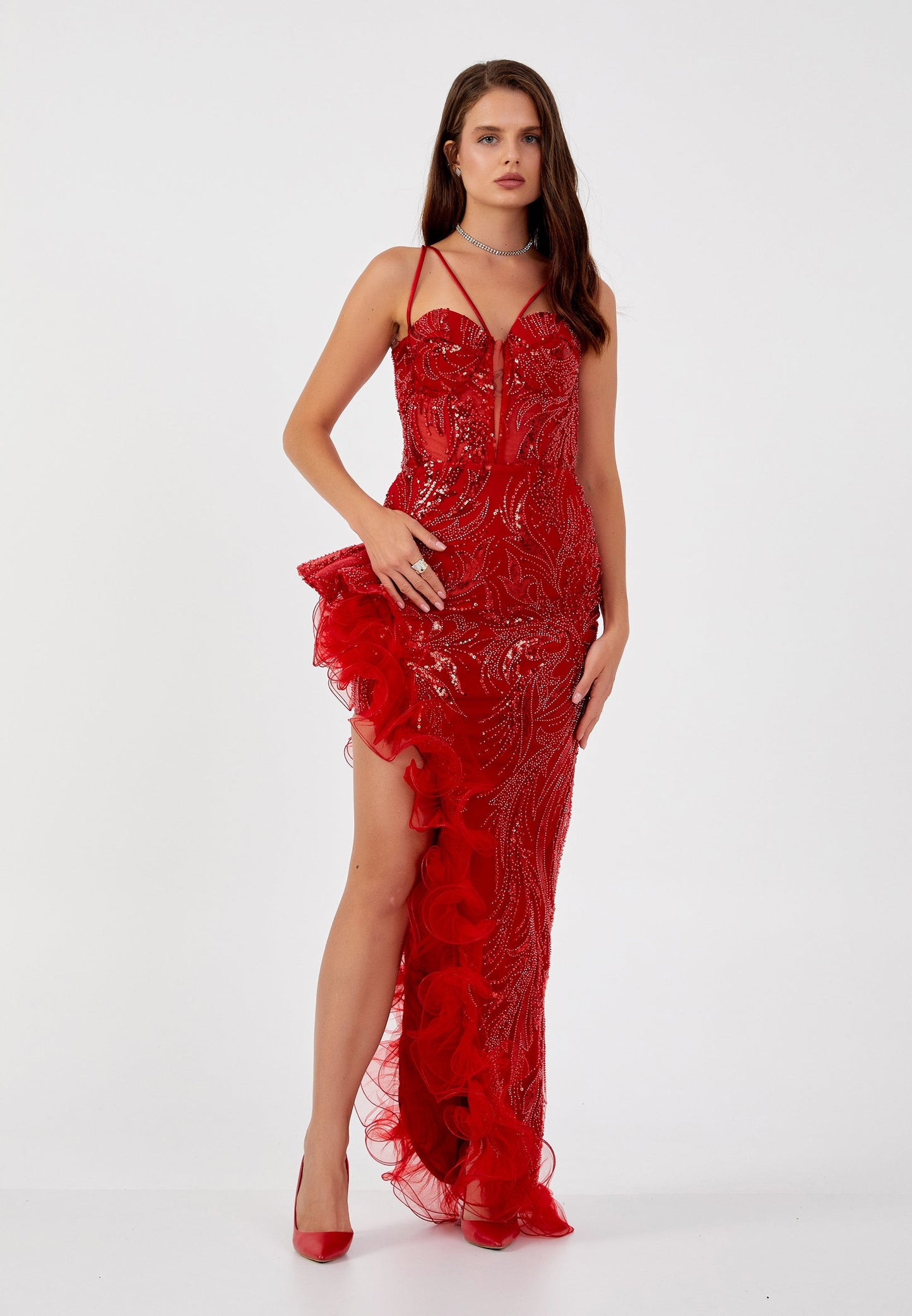 Sleeveless Maxi Tulle Column Regular Wedding Guest Dress Red - Unit Price: 185$