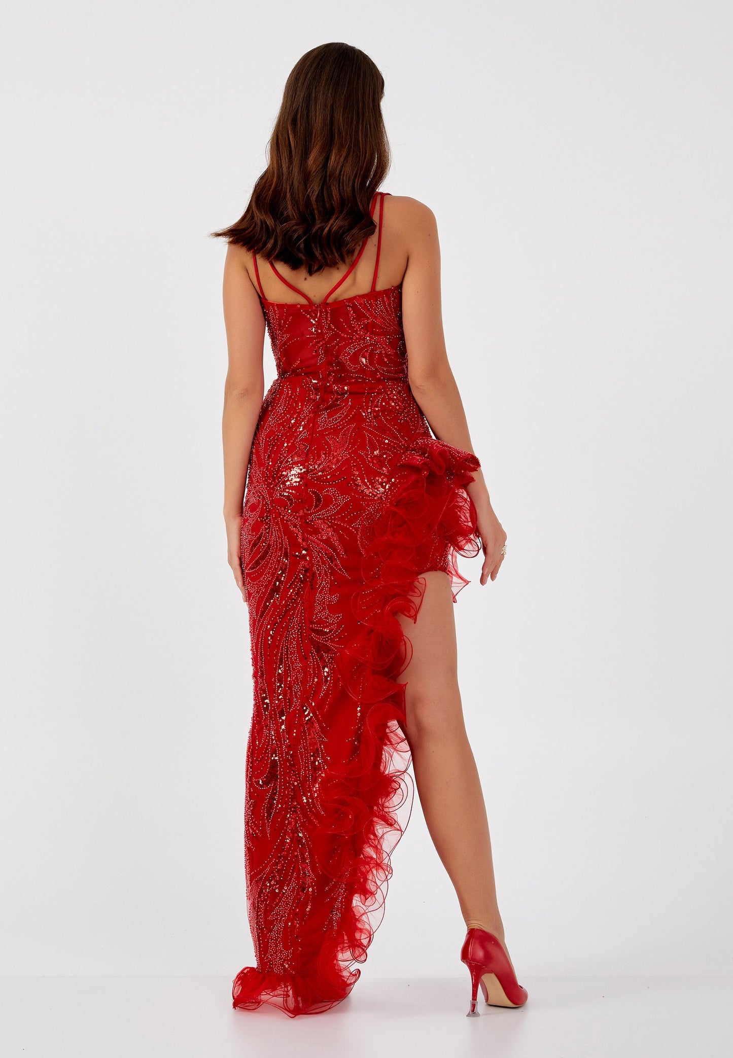 Sleeveless Maxi Tulle Column Regular Wedding Guest Dress Red - Unit Price: 185$