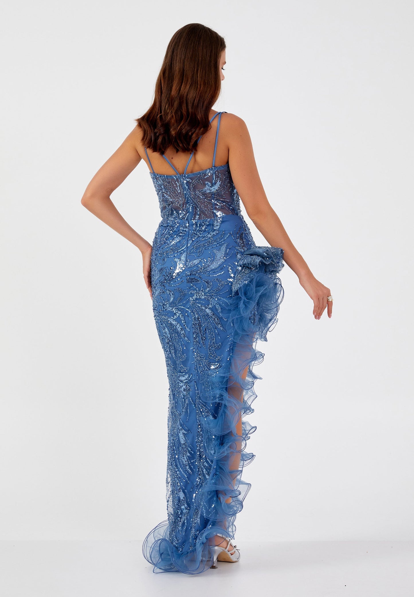 Sleeveless Maxi Tulle Column Regular Wedding Guest Dress Blue - Unit Price: 185$