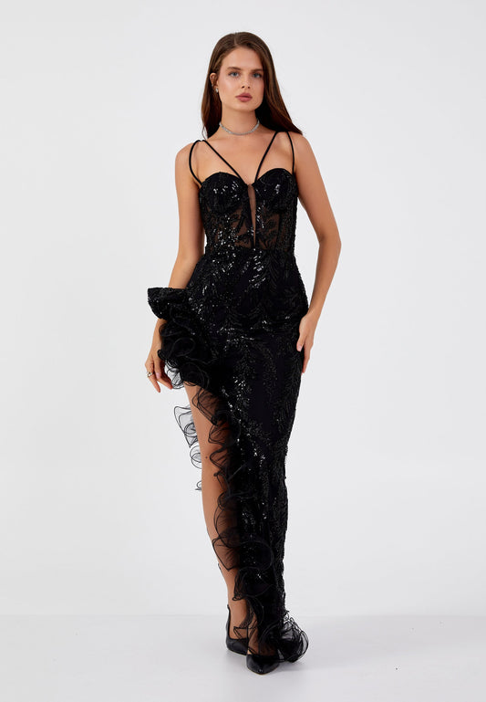 Sleeveless Maxi Tulle Column Regular Wedding Guest Dress Black - Unit Price: 185$