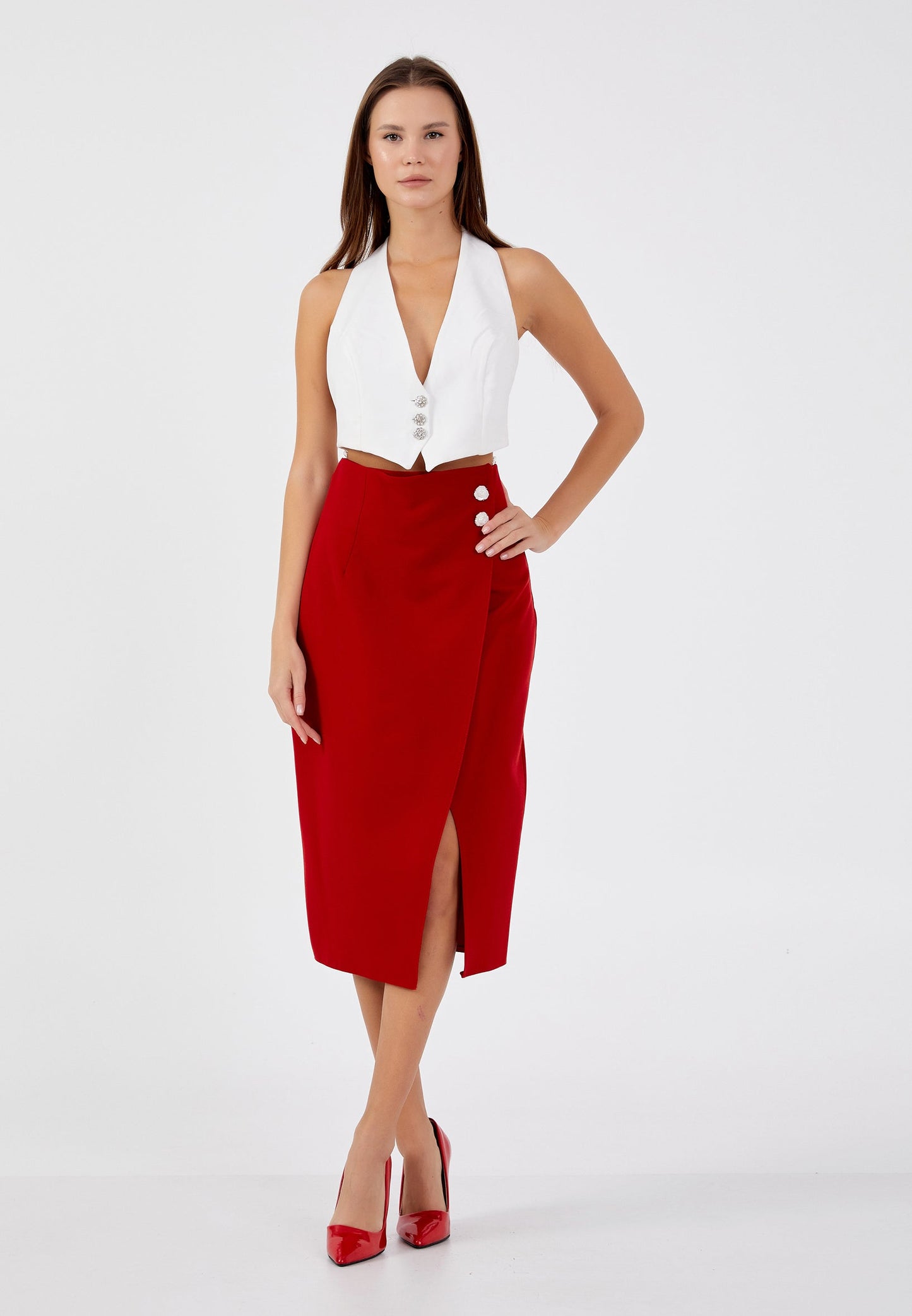 Midi Solid Color Regular Skirt Red - Unit Price: 24$