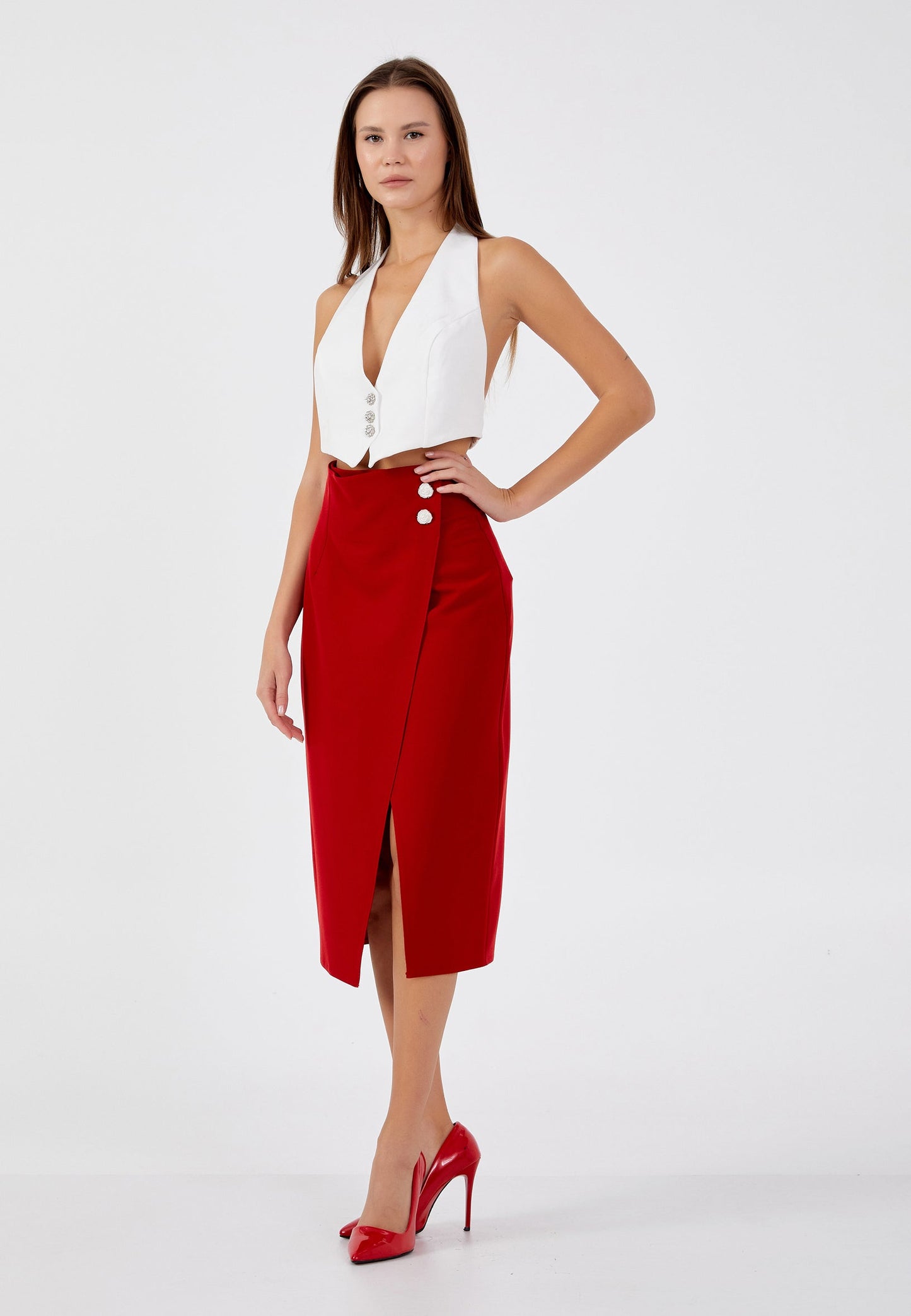 Midi Solid Color Regular Skirt Red - Unit Price: 24$