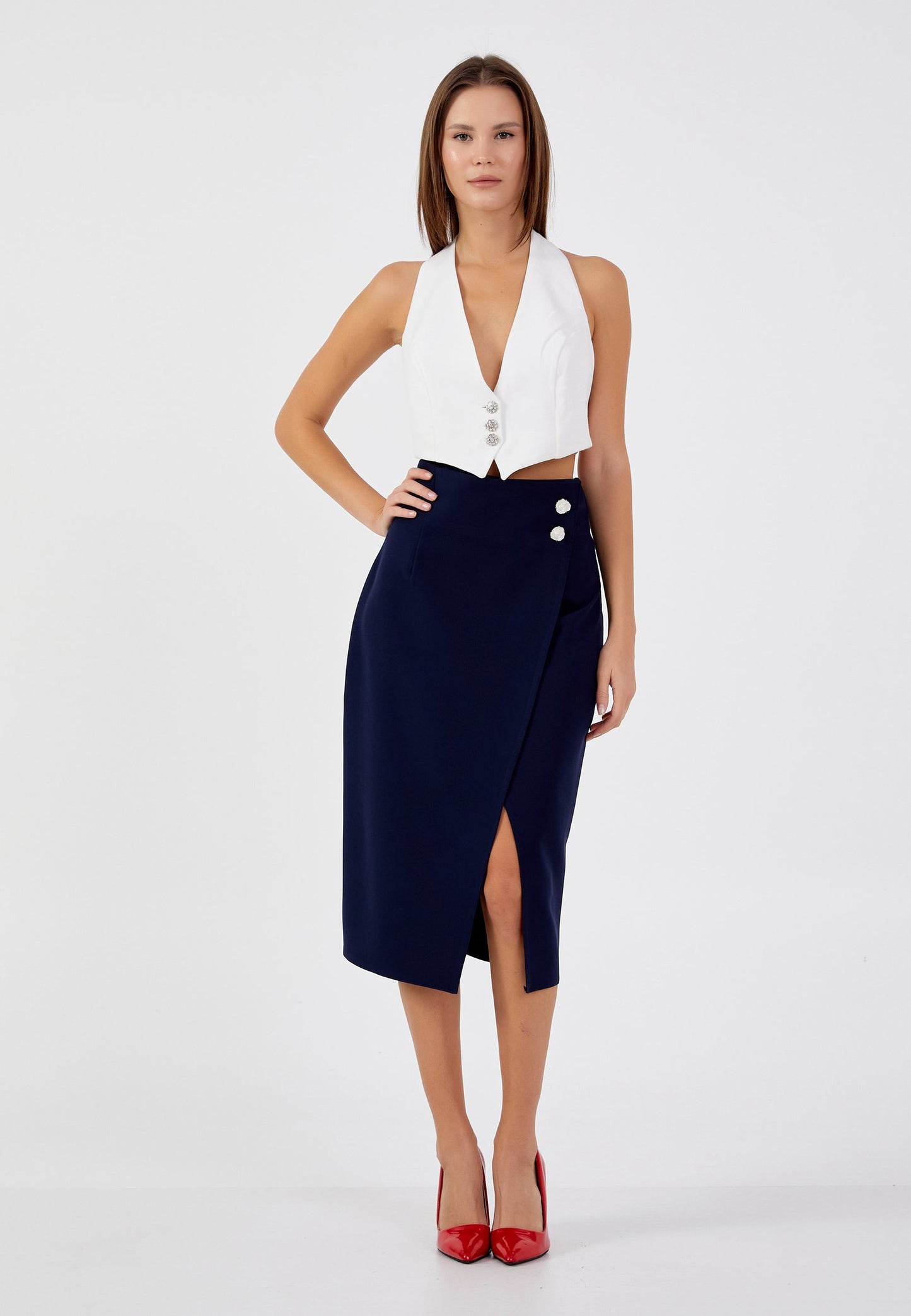 Midi Solid Color Regular Skirt Navy - Unit Price: 24$