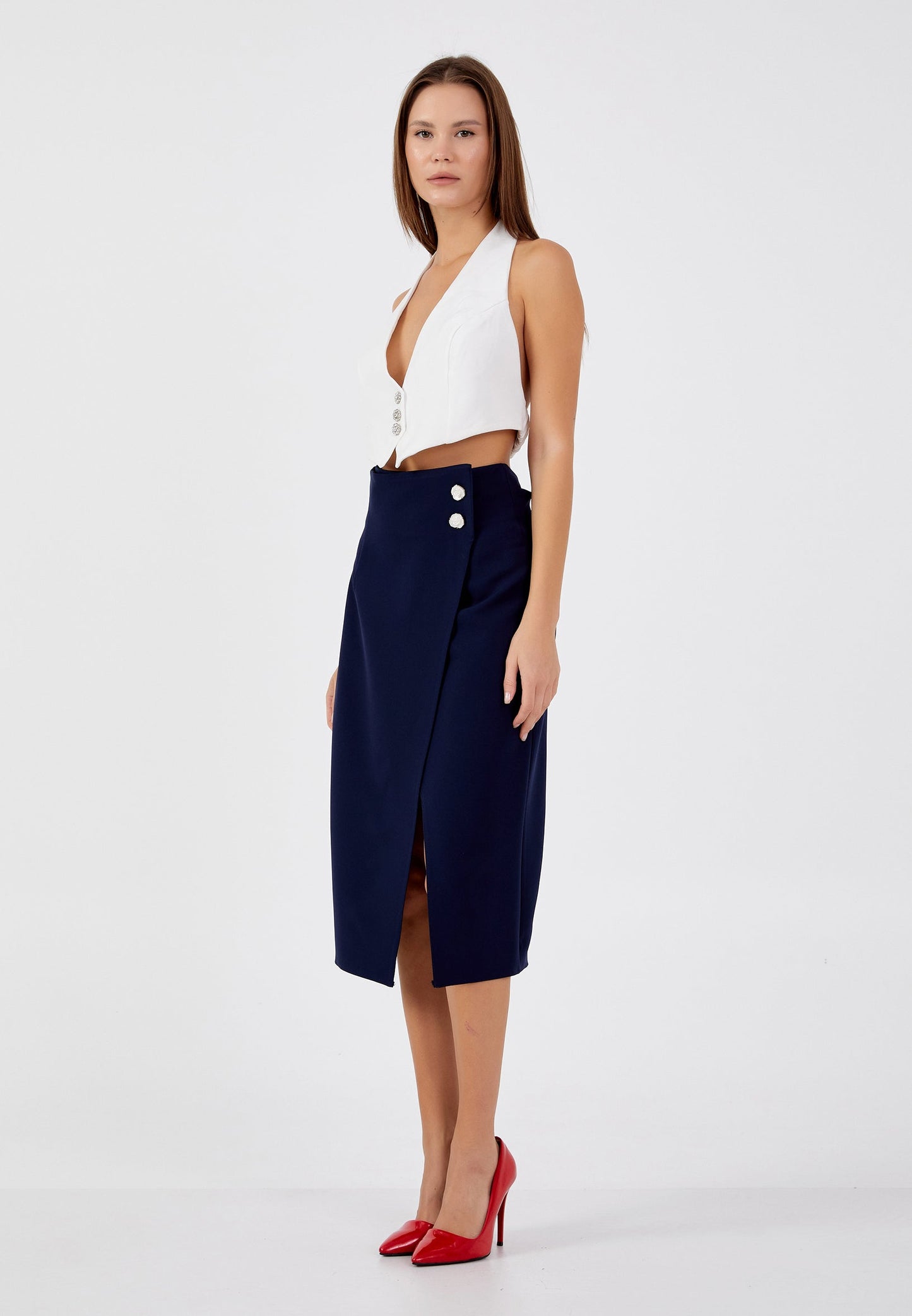 Midi Solid Color Regular Skirt Navy - Unit Price: 24$