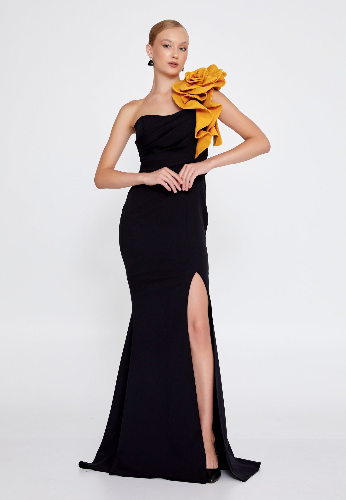 One Shoulder Maxi Viscose Mermaid Regular Wedding Guest Dress Black-Mustard - Unit Price: 110$