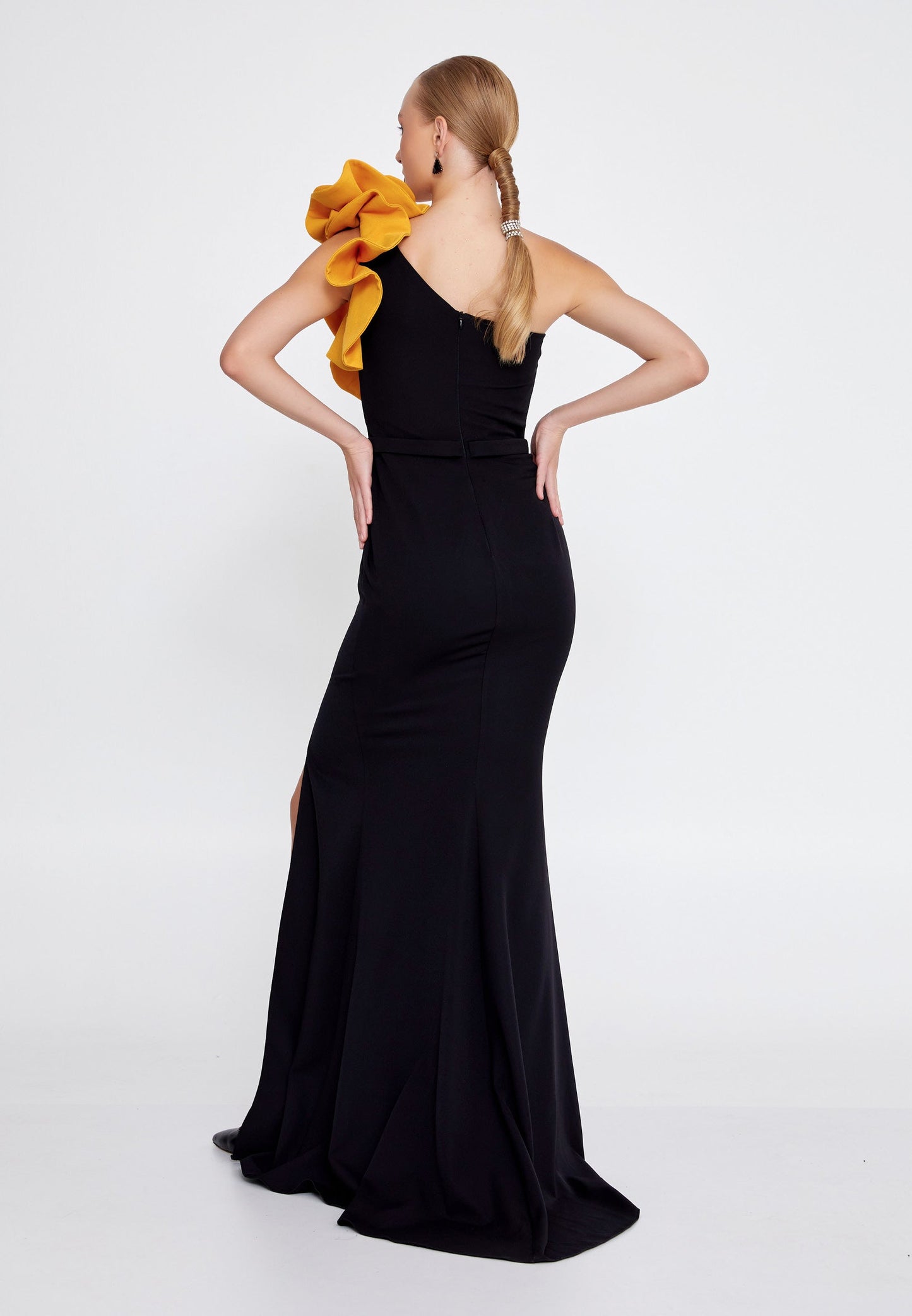 One Shoulder Maxi Viscose Mermaid Regular Wedding Guest Dress Black-Mustard - Unit Price: 110$