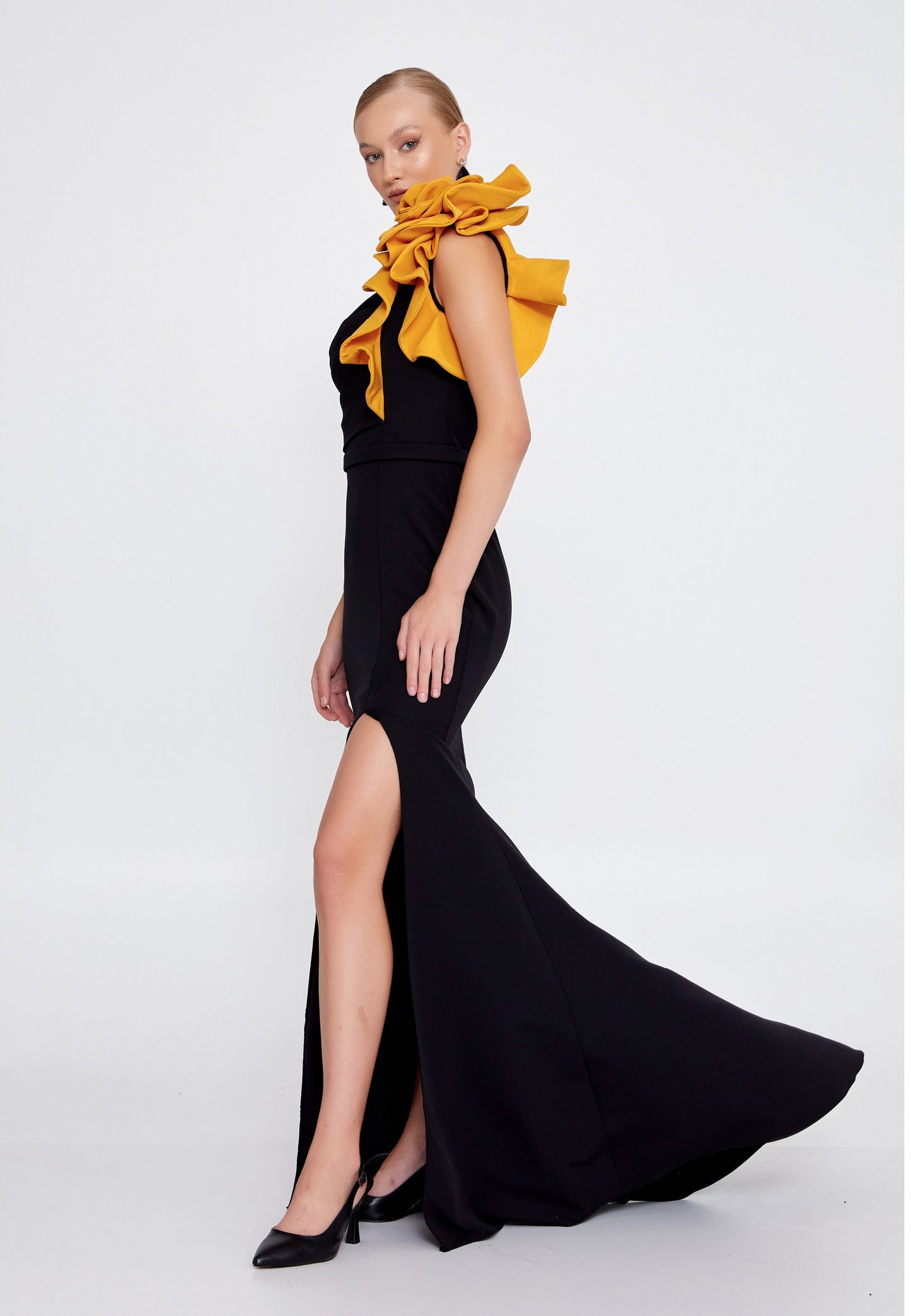 One Shoulder Maxi Viscose Mermaid Regular Wedding Guest Dress Black-Mustard - Unit Price: 110$