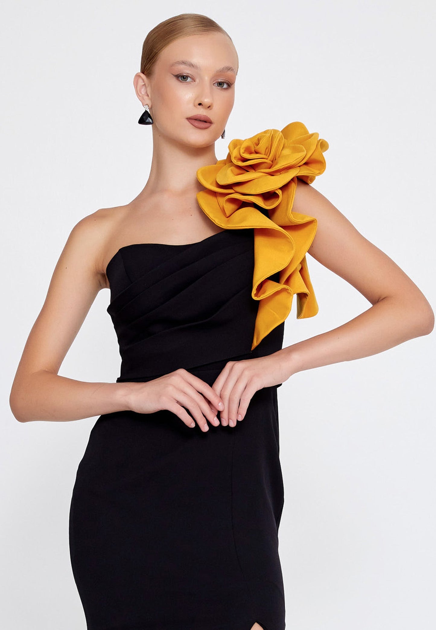 One Shoulder Maxi Viscose Mermaid Regular Wedding Guest Dress Black-Mustard - Unit Price: 110$