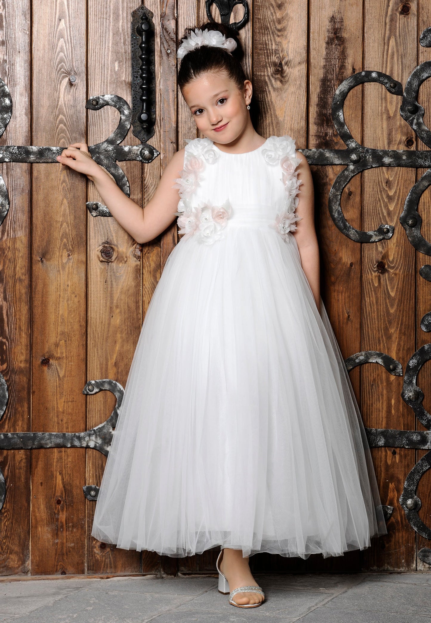 Girl Sleeveless Tulle Floral A - Line 8 - 12 Ages Special Occasion Dress White - Unit Price: 32$