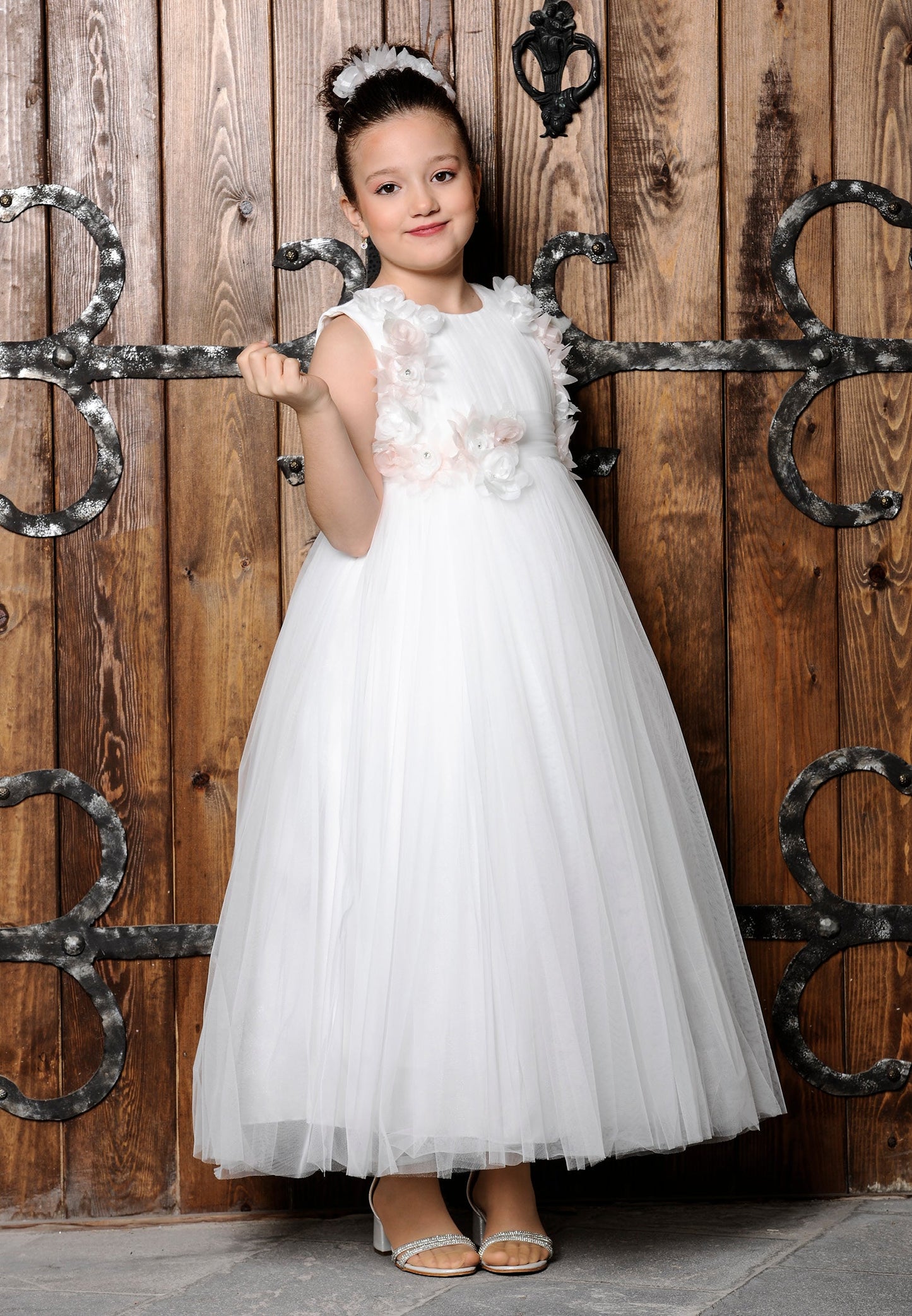 Girl Sleeveless Tulle Floral A - Line 8 - 12 Ages Special Occasion Dress White - Unit Price: 32$