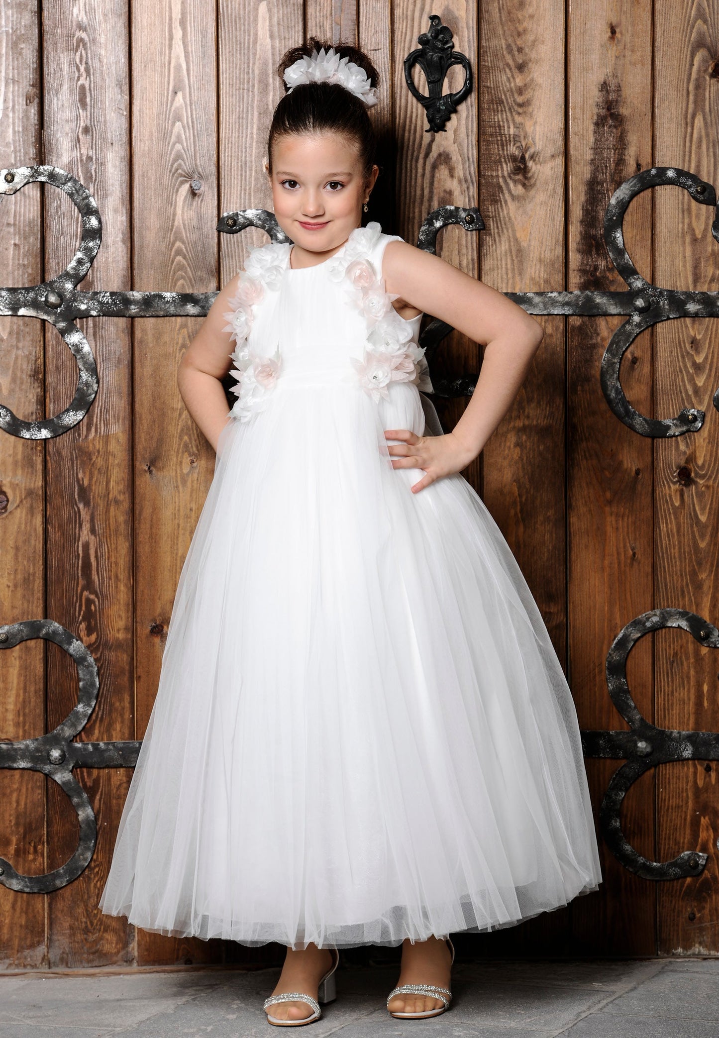 Girl Sleeveless Tulle Floral A - Line 8 - 12 Ages Special Occasion Dress White - Unit Price: 32$