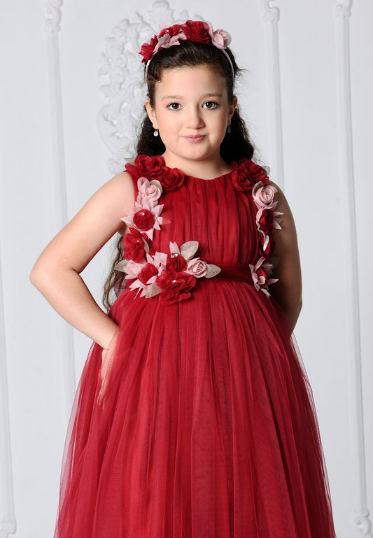 Girl Sleeveless Tulle Floral A - Line 8 - 12 Ages Special Occasion Dress Red - Unit Price: 32$