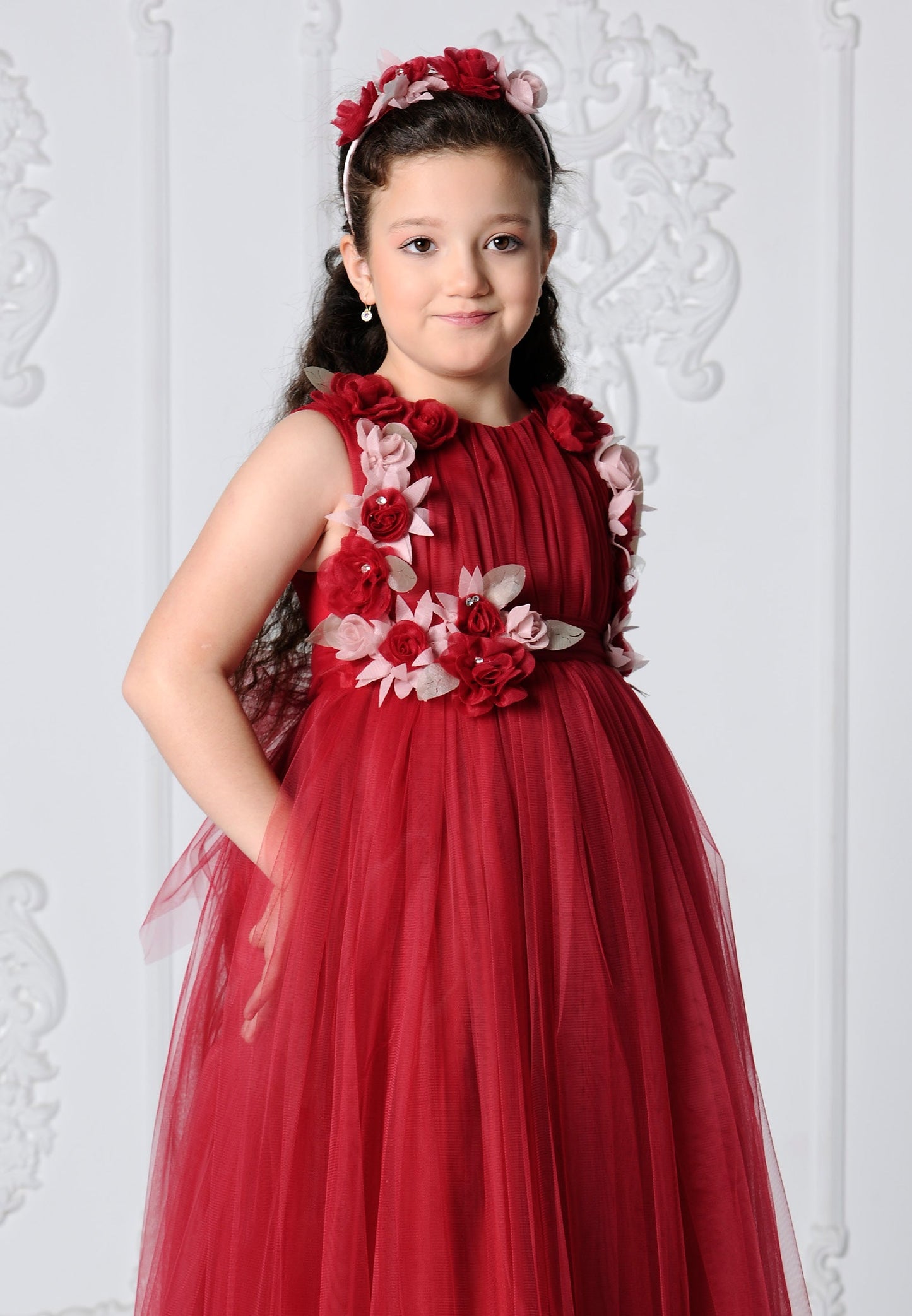 Girl Sleeveless Tulle Floral A - Line 8 - 12 Ages Special Occasion Dress Red - Unit Price: 32$