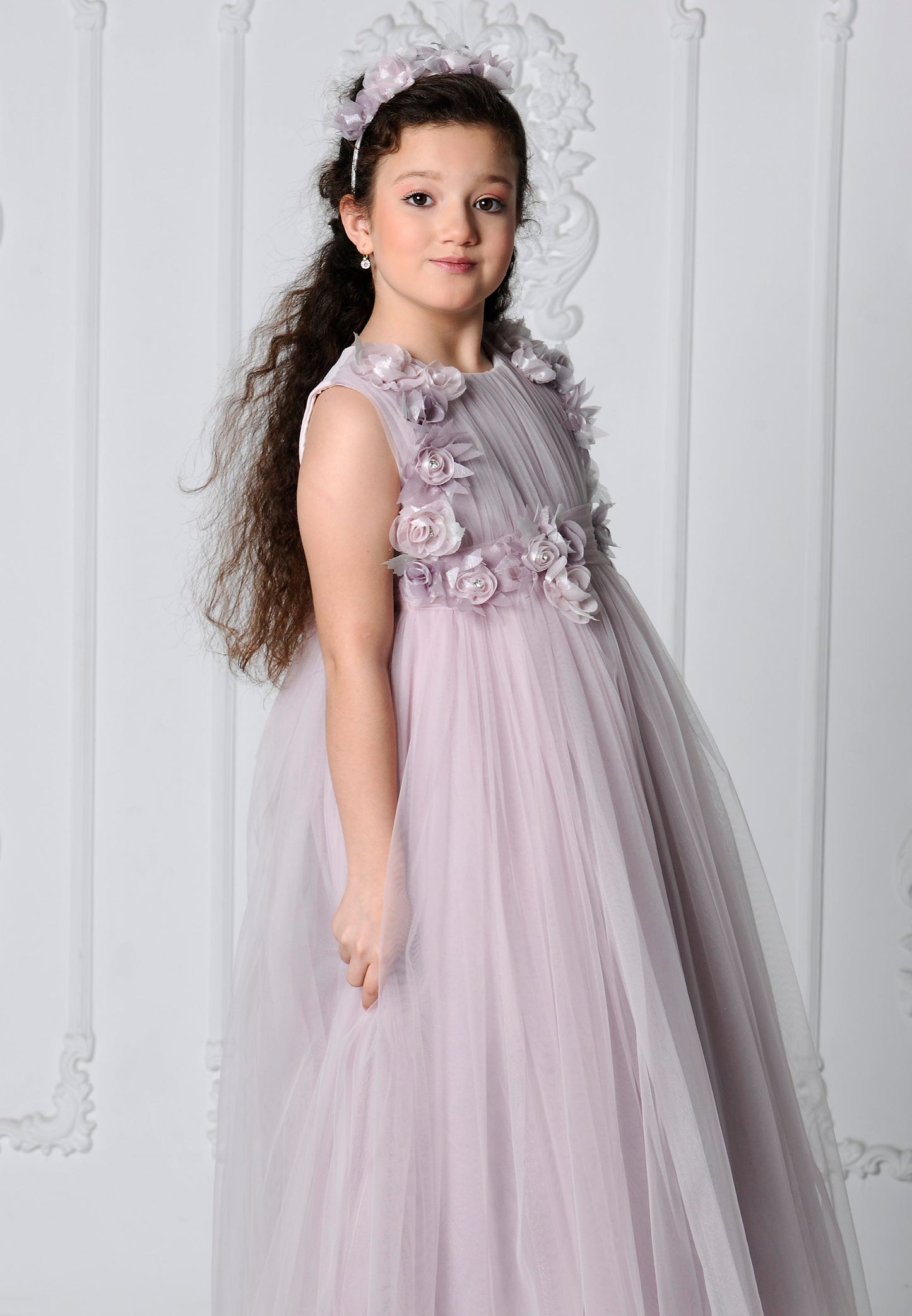 Girl Sleeveless Tulle Floral A - Line 8 - 12 Ages Special Occasion Dress Lilac - Unit Price: 32$