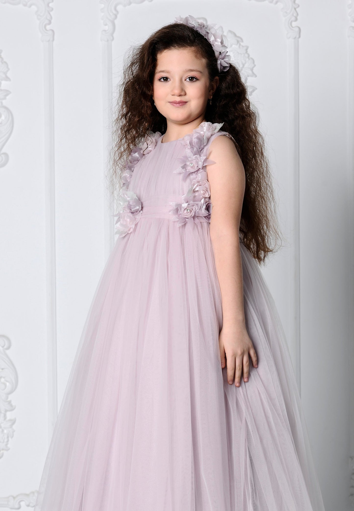 Girl Sleeveless Tulle Floral A - Line 8 - 12 Ages Special Occasion Dress Lilac - Unit Price: 32$