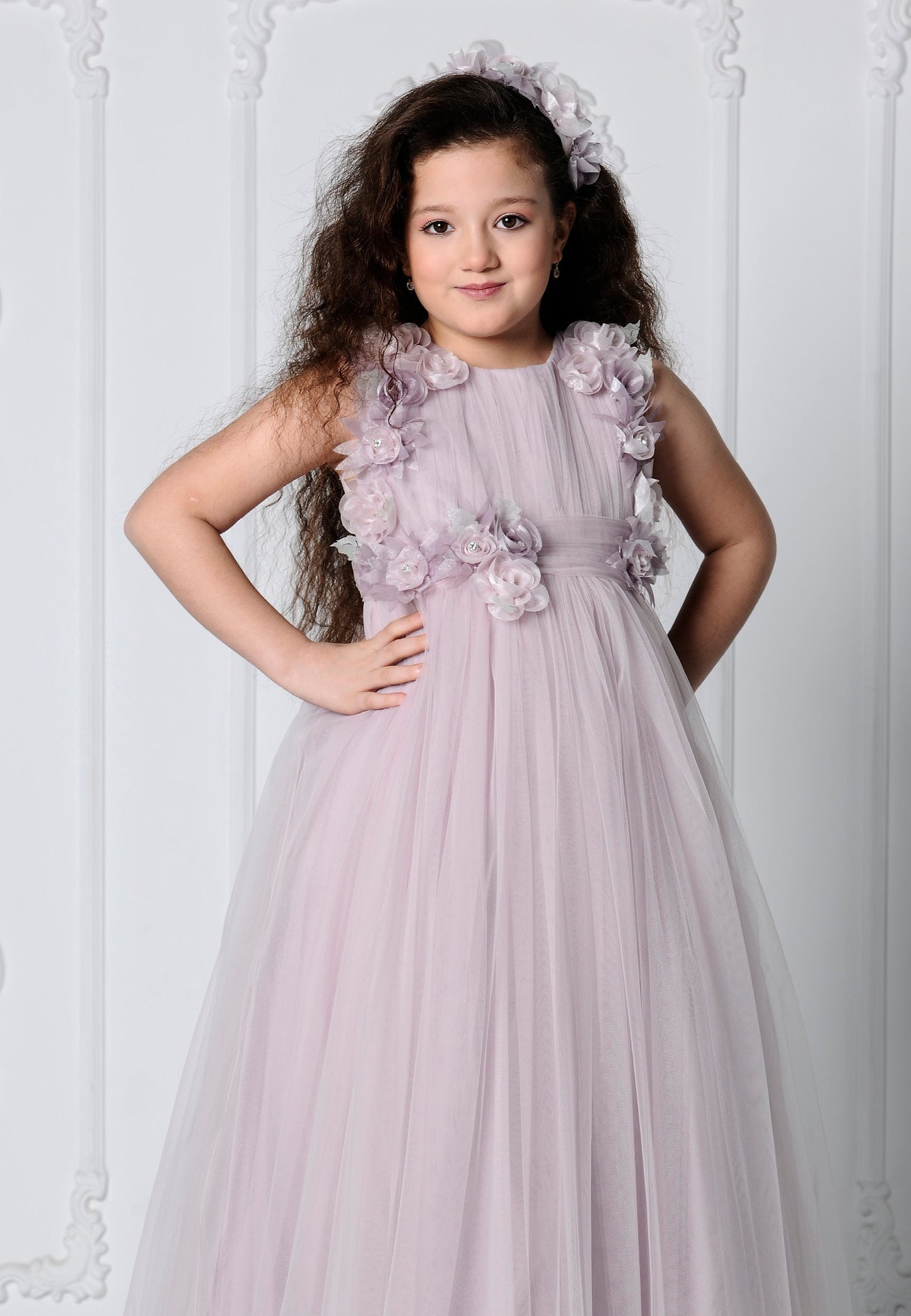 Girl Sleeveless Tulle Floral A - Line 8 - 12 Ages Special Occasion Dress Lilac - Unit Price: 32$