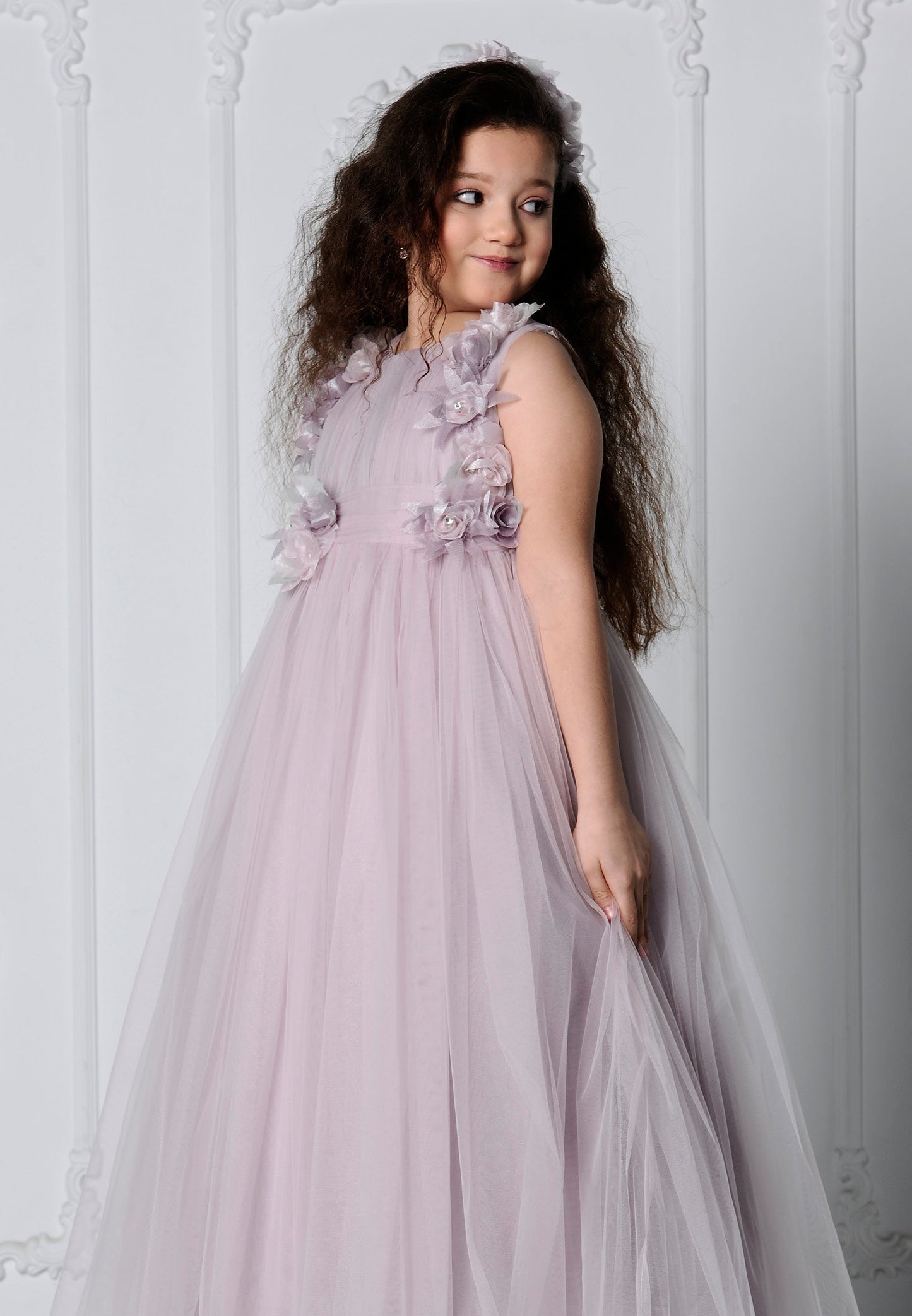 Girl Sleeveless Tulle Floral A - Line 8 - 12 Ages Special Occasion Dress Lilac - Unit Price: 32$