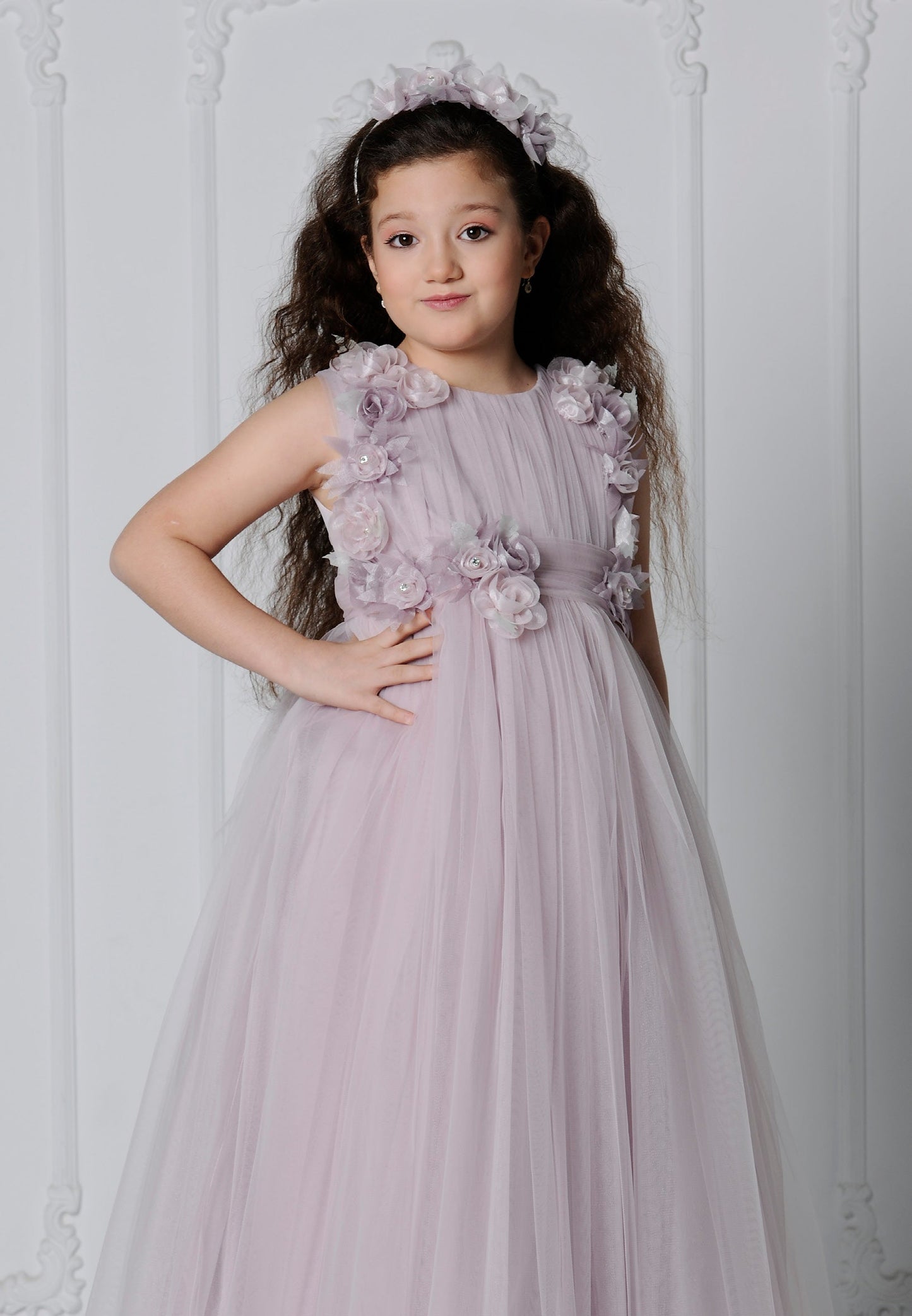 Girl Sleeveless Tulle Floral A - Line 8 - 12 Ages Special Occasion Dress Lilac - Unit Price: 32$