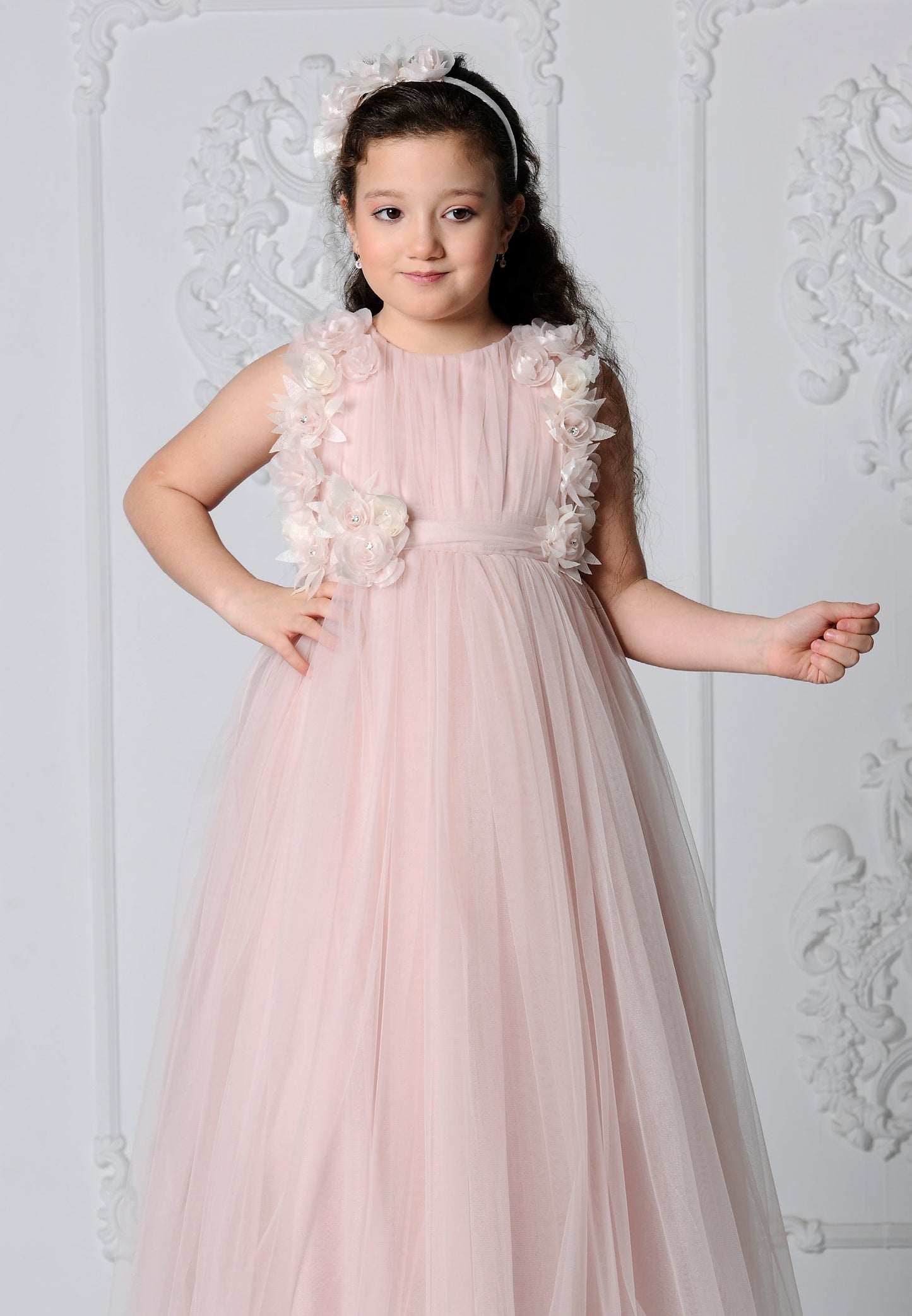 Girl Sleeveless Tulle Floral A - Line 8 - 12 Ages Special Occasion Dress Powder Pink - Unit Price: 32$