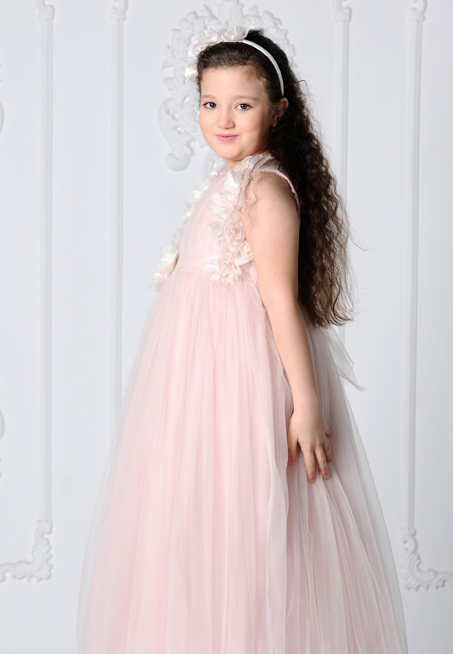 Girl Sleeveless Tulle Floral A - Line 8 - 12 Ages Special Occasion Dress Powder Pink - Unit Price: 32$