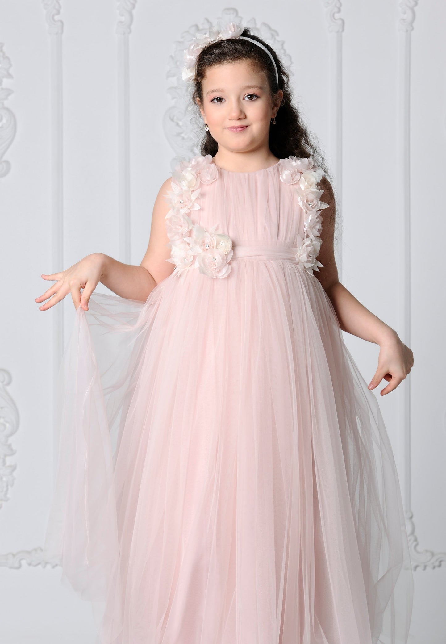 Girl Sleeveless Tulle Floral A - Line 8 - 12 Ages Special Occasion Dress Powder Pink - Unit Price: 32$