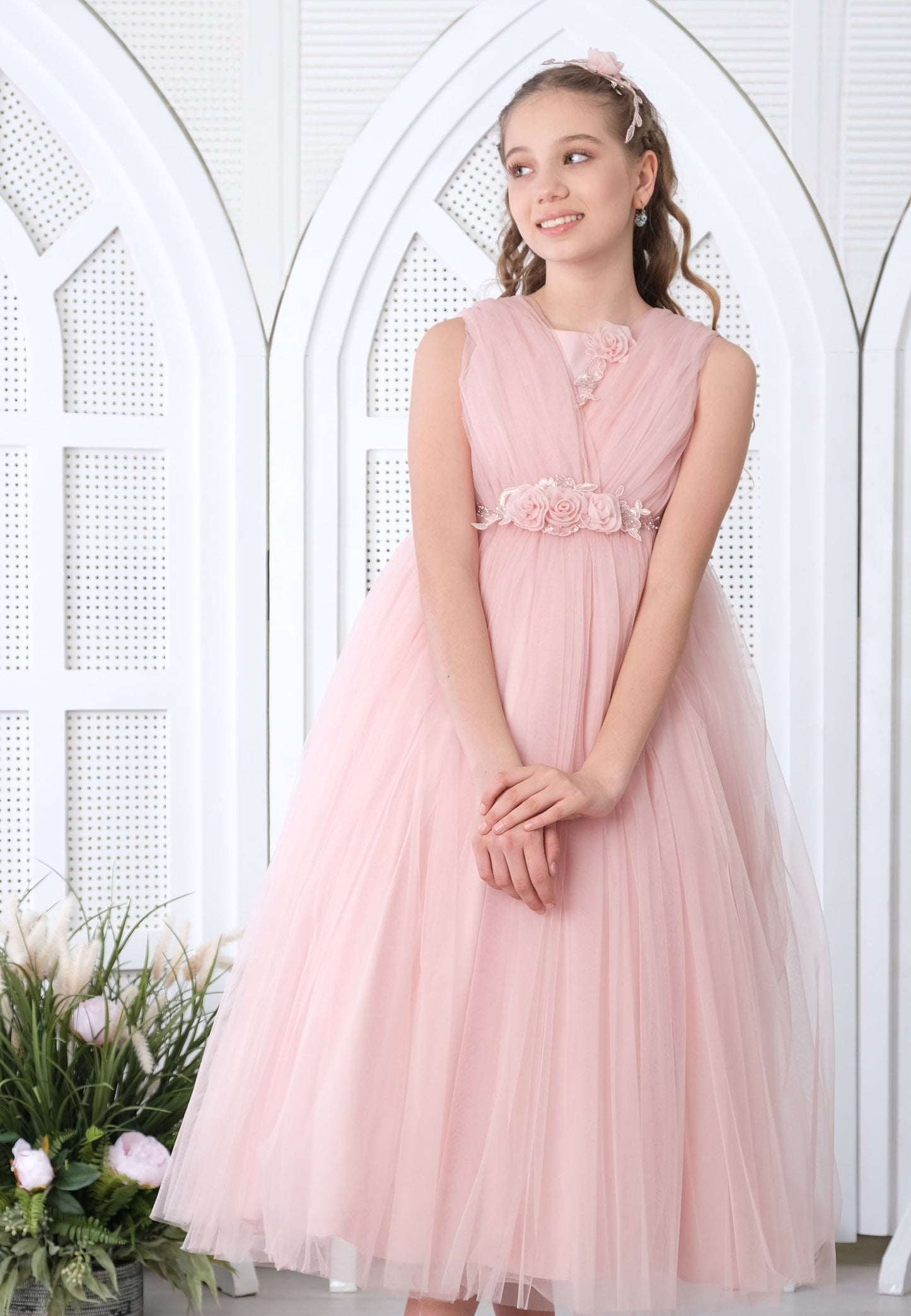 Girl Sleeveless Tulle Floral A - Line 8 - 12 Ages Special Occasion Dress Powder Pink - Unit Price: 33$