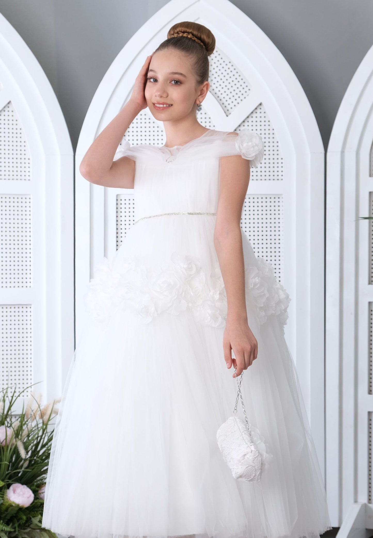 Girl Sleeveless Tulle Floral A - Line 8 - 12 Ages Special Occasion Dress White - Unit Price:56$