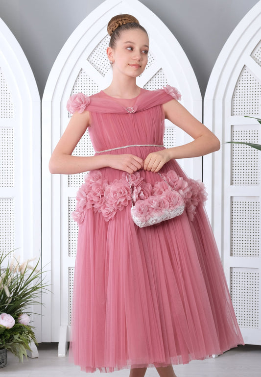 Girl Sleeveless Tulle Floral A - Line 8 - 12 Ages Special Occasion Dress Rose - Unit Price: 56$