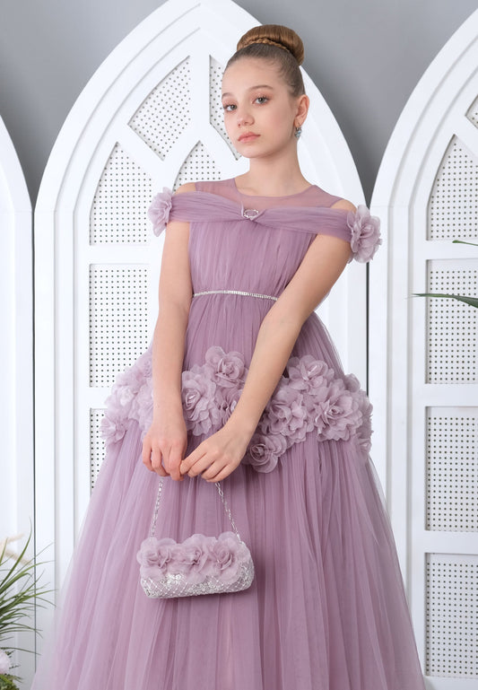 Girl Sleeveless Tulle Floral A - Line 8 - 12 Ages Special Occasion Dress Lavender - Unit Price:56$