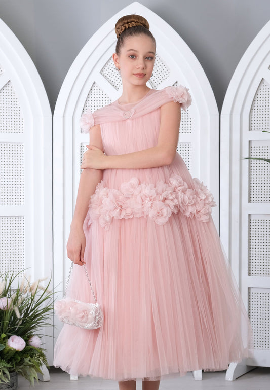 Girl Sleeveless Tulle Floral A - Line 8 - 12 Ages Special Occasion Dress Powder Pink - Unit Price:56$