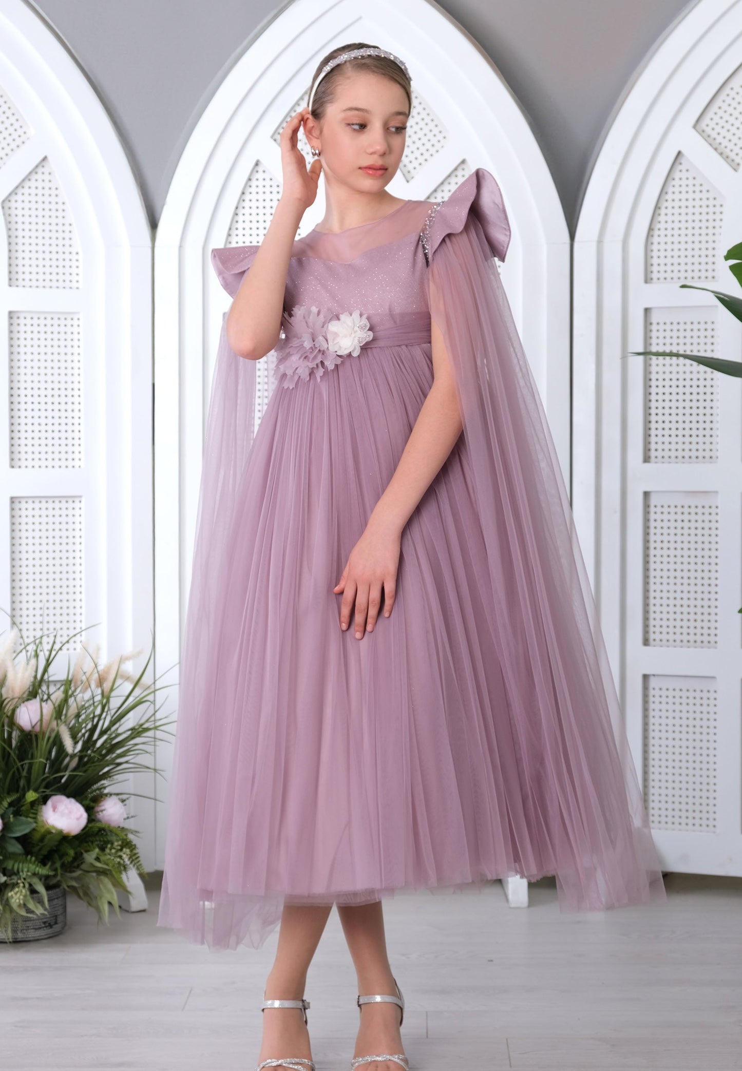 Girl Short Sleeve Tulle With Stones Column 8 - 12 Ages Special Occasion Dress Lavender - Unit Price: 32$